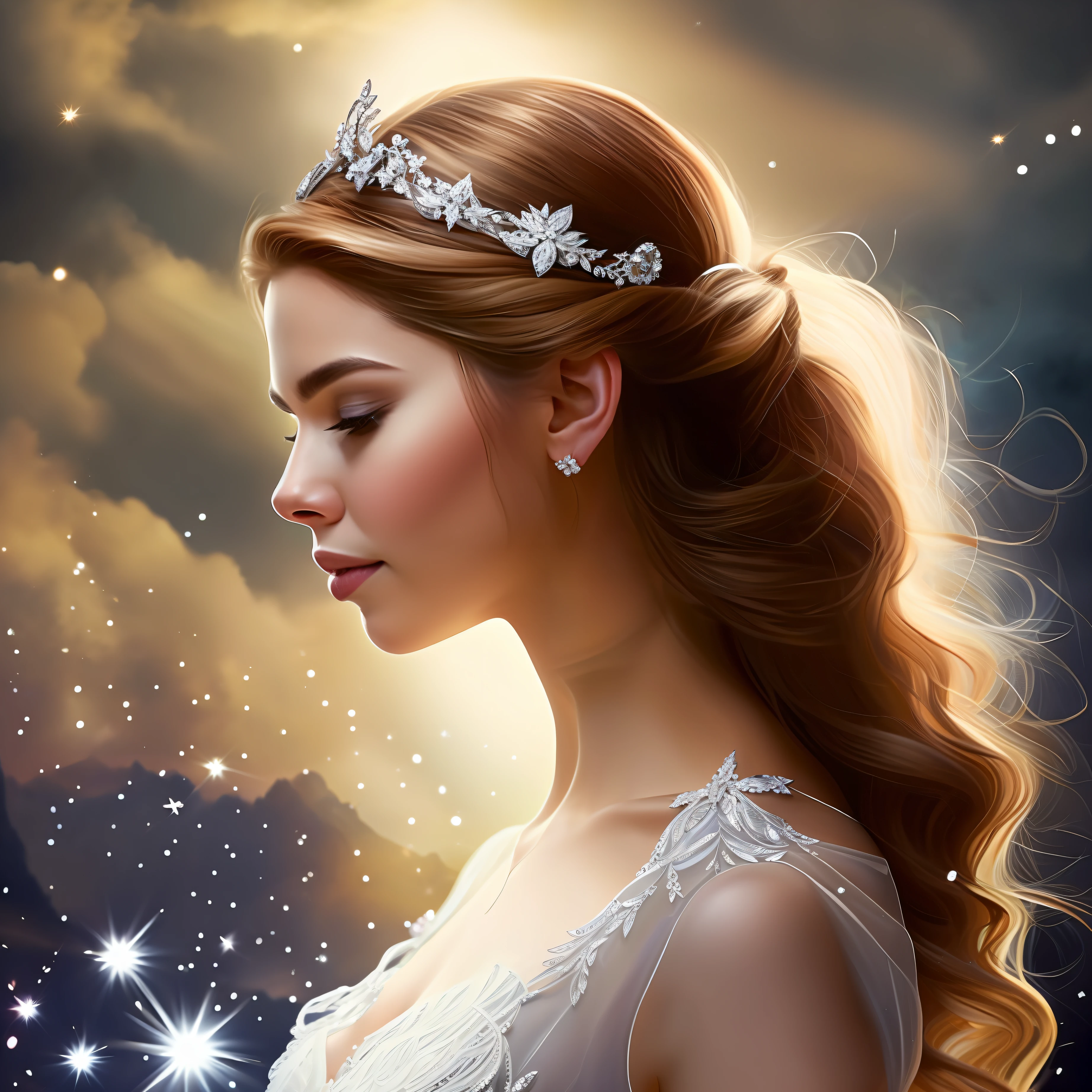 immerse yourself in the enchanting of Prythian, where magic and wonder dance beneath a star-studded sky. At the heart of this breathtaking scene stands Feyre Archeron, adorned in a light blue gown that shimmers like moonlight ,The setting is the illustrious Starfall, a celestial event where faeries and mortals converge in a celebration of love and beauty. Feyre is positioned on a balcony overlooking the festivities, her face lifted towards the heavens. The vast expanse of the night sky stretches out before her, adorned with a multitude of twinkling stars that mirror the radiance within her eyes.in this wide-angle view, the artist captures the grandeur of the night, showcasing the sprawling gardens and delicate moonlit pathways that wind through the festivities. The atmosphere is ethereal, with soft, cool hues deftly capturing the otherworldly essence of the event.
Feyre's expression is one of awe and wonder as she takes in the breathtaking spectacle before her. Her blonde hair, kissed by the moonlight, cascades down her back, framing her face like a crown. Her gown billows slightly in the gentle breeze, evoking a sense of movement and grace.The artist skillfully portrays the energy of the