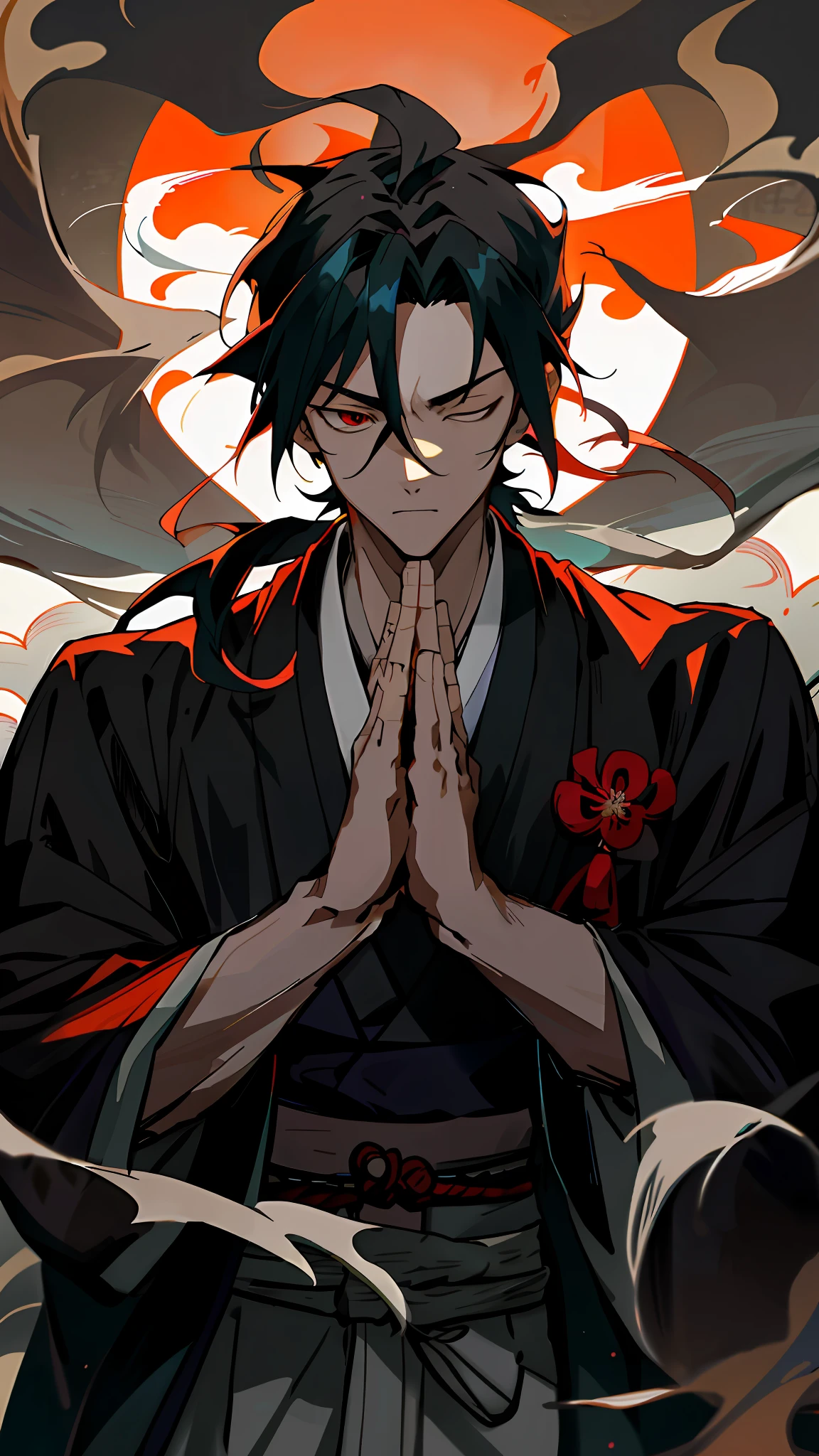 Anime - Stylized image of a man praying in a kimono robe, With his eyes closed，The light from the back window is backlighted，toplight，handsome guy in demon killer art, handsome japanese demon boy, Handsome anime pose, beautiful male god of death, demon slayer rui fanart, Male anime style, male anime character, Guviz-style artwork, anime style character, flowing hair and long robes, young anime man, anime wallaper