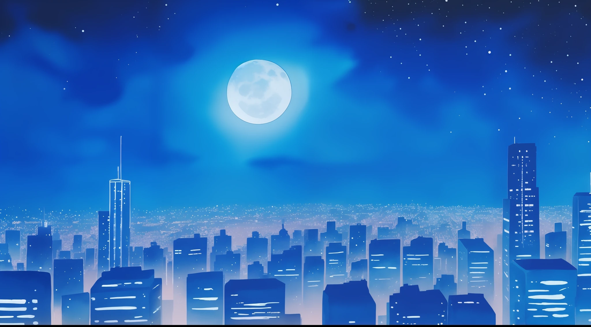 One woman looking at city at night illuminated by fantastic cobalt blue neon lights from the roof of a building, moon, watercolor painting