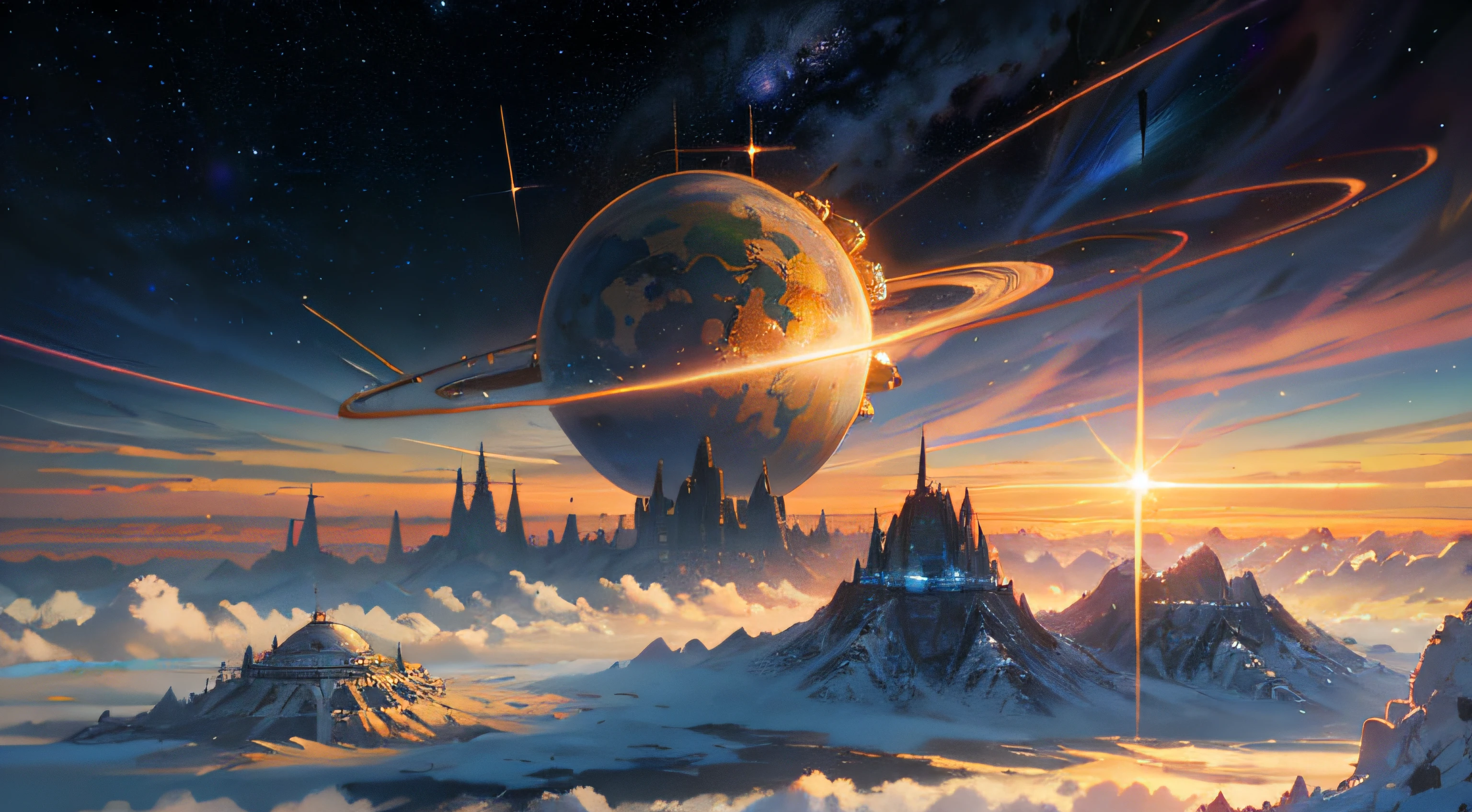 best quality, masterpiece,highly detailed,(photorealistic:1.4),science fiction,planet surface,megastructure,nuclear fusion,asteroids,space in background,distant view,
