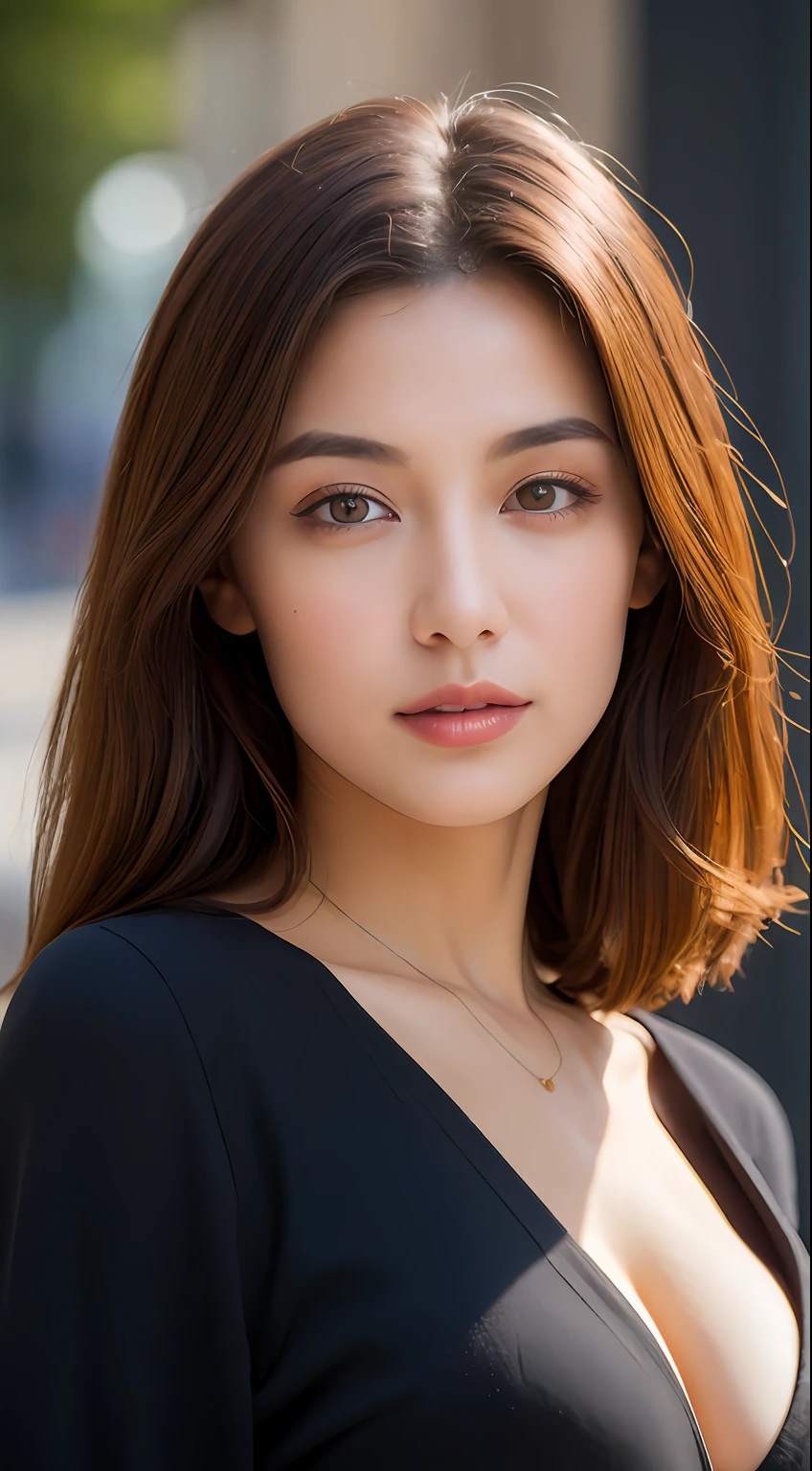 ((Best quality, 8k, Masterpiece :1.3)), Sharp focus :1.2, Perfect body beauty: 1.4, Slim abs: 1.2, ((Dark brown hair, Big breasts: 1.2)), (Natural light, City street: 1.1 ), highly detailed facial and skin textures, detailed eyes, double eyelids, (((Dynamic Angle)))
