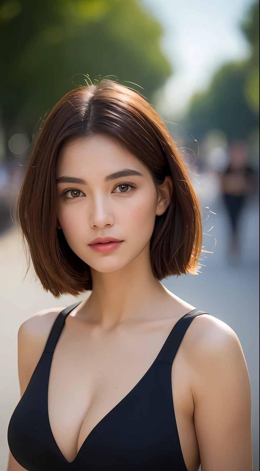 ((Best quality, 8k, Masterpiece :1.3)), Sharp focus :1.2, Perfect body beauty: 1.4, Slim abs: 1.2, ((Dark brown hair, Big breasts: 1.2)), (Natural light, City street: 1.1 ), highly detailed facial and skin textures, detailed eyes, double eyelids, (((Dynamic Angle)))