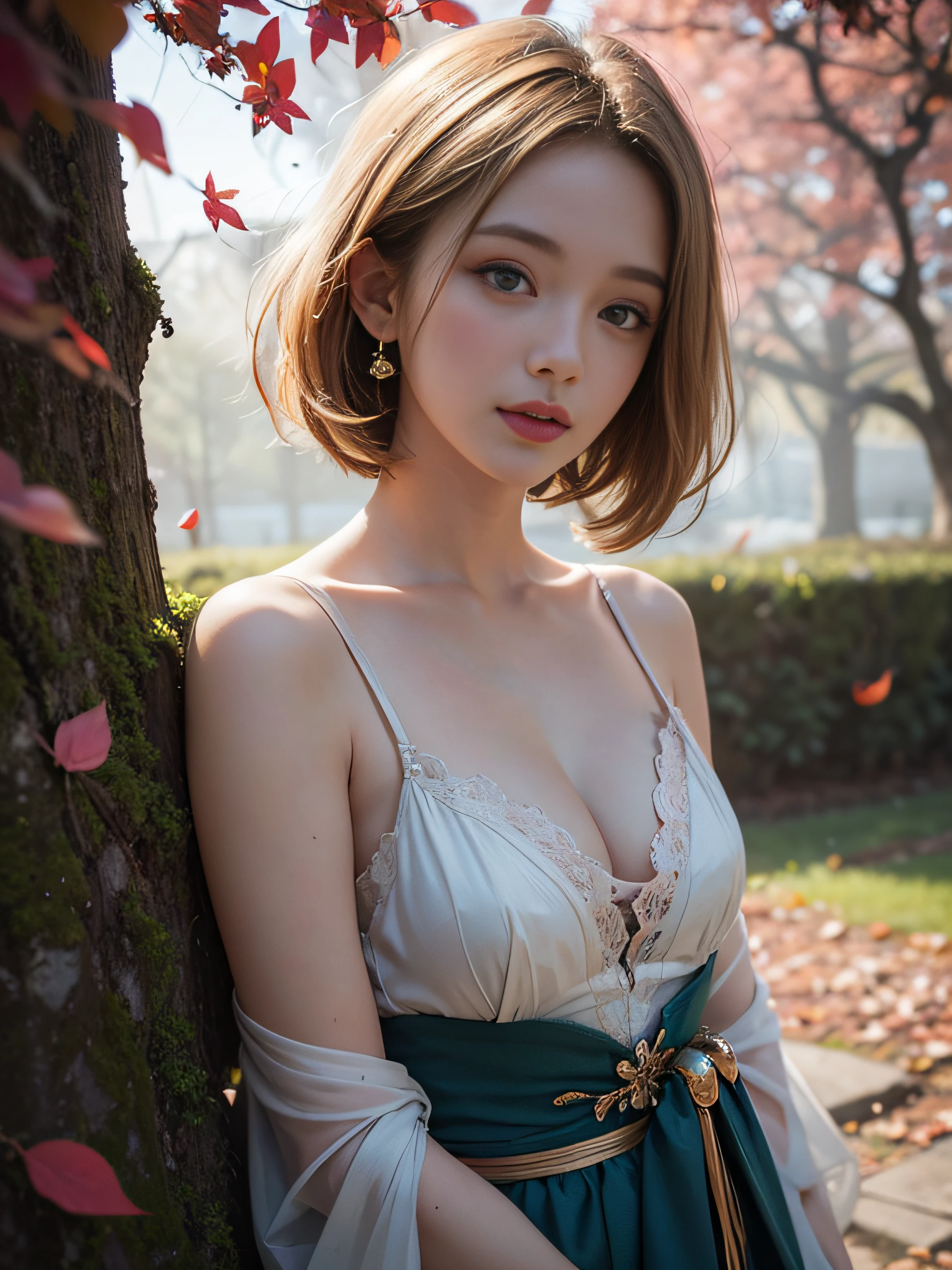 waist up, looking at viewer with a serene and goddess-like happiness, (againts pink leaves) tree, natural skin texture, 4k textures, soft cinematic light, intricate details, elegant, highly detailed, sharp focus, soothing tones, exposure blend, hdr, faded, hyperdetailed, backlighting, 85mm, close-up, best quality, (photorealistic:1.2), volumetric fog, og style, (cinematic look), blonde, green eyes, bob hair, 1girl, glowing skin, blush, upturned eyes, clea