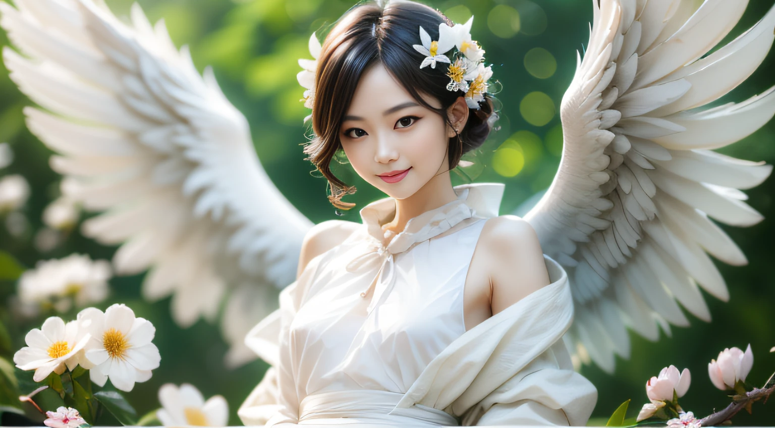 Beautiful angel woman、Beautiful white wings、Soaring petals、Hozue、look at a camera、kindly smile、A detailed face、Flat_Chest、Tiny_breasts、Looking at the camera、Detailed upper body concept