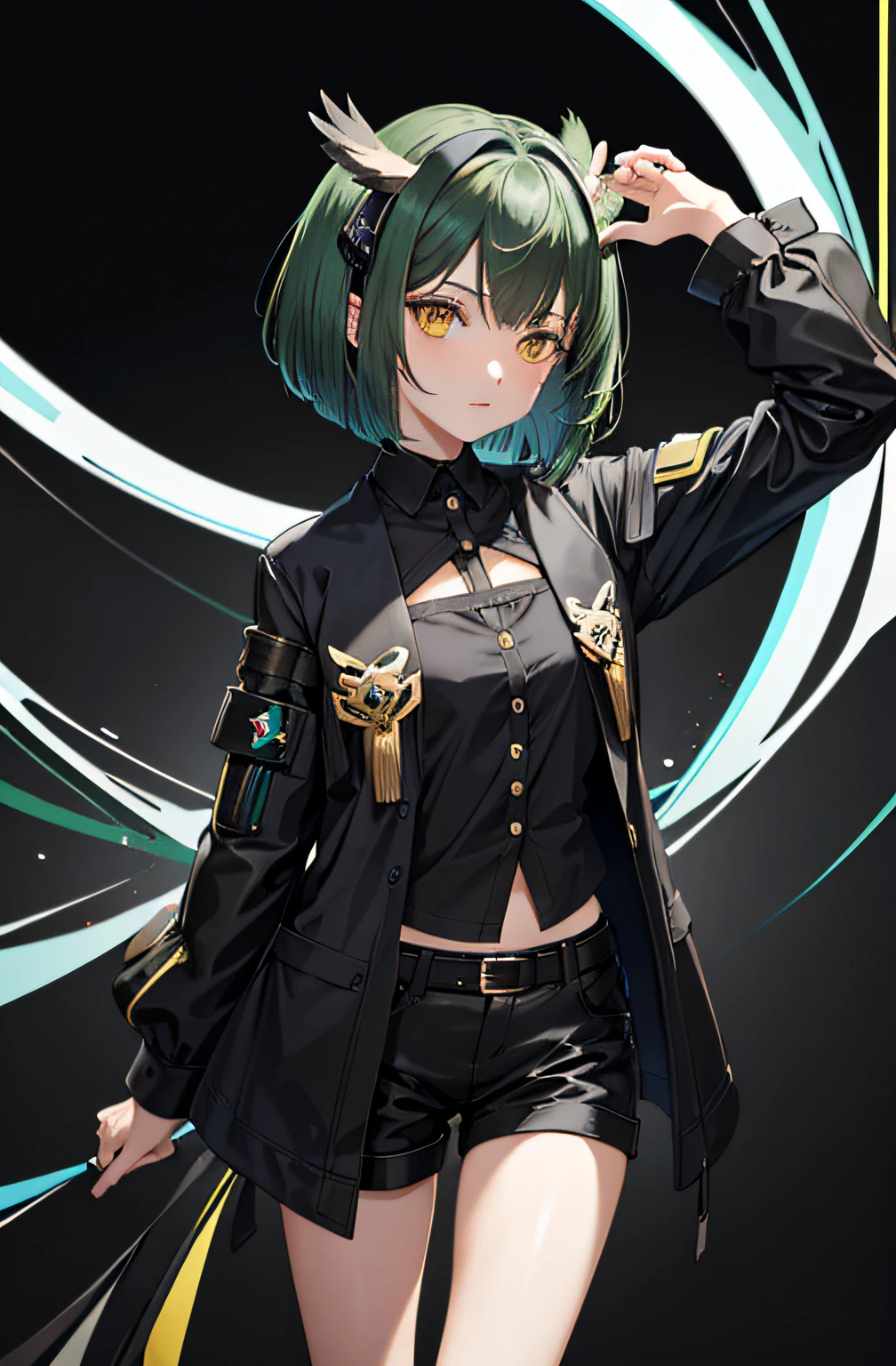 "A owl girl female character with bob cut dark green hair, dressed in Arknights-inspired attire. She is depicted in a frontal view, showing her full body, wearing black shorts and no shirt, . No background."