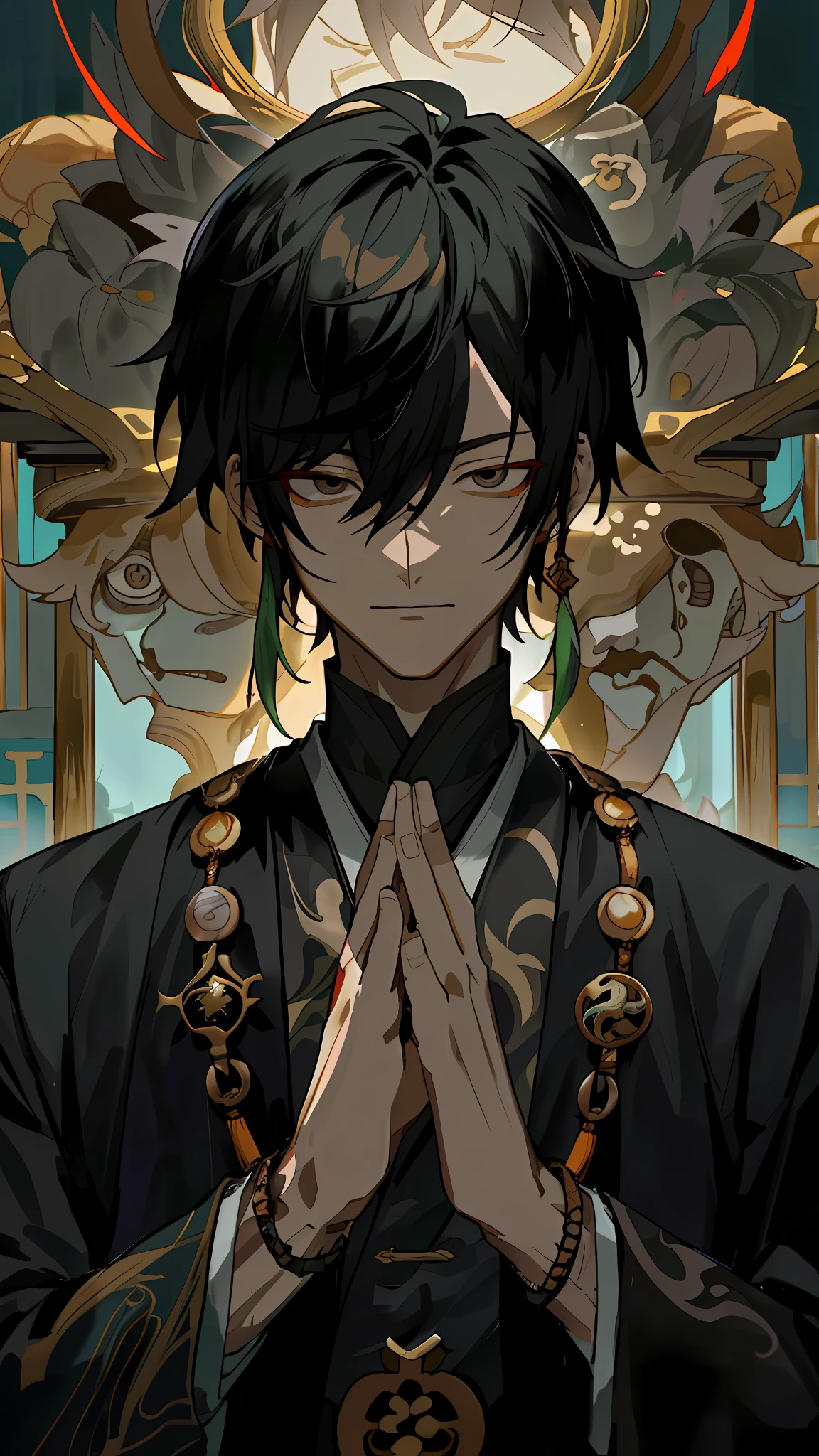 The room has anime characters with black hair and black eyes,With his eyes closed,Put hands together andpray,The light from the back window is backlighted,toplight, handsome guy in demon killer art, inspirado em Okumura Masanobu, handsome japanese demon boy, Keqing from Genshin Impact, male anime character, dark robed,Gold accents, beautiful male god of death, zhongli from genshin impact, heise jinyao, young anime man