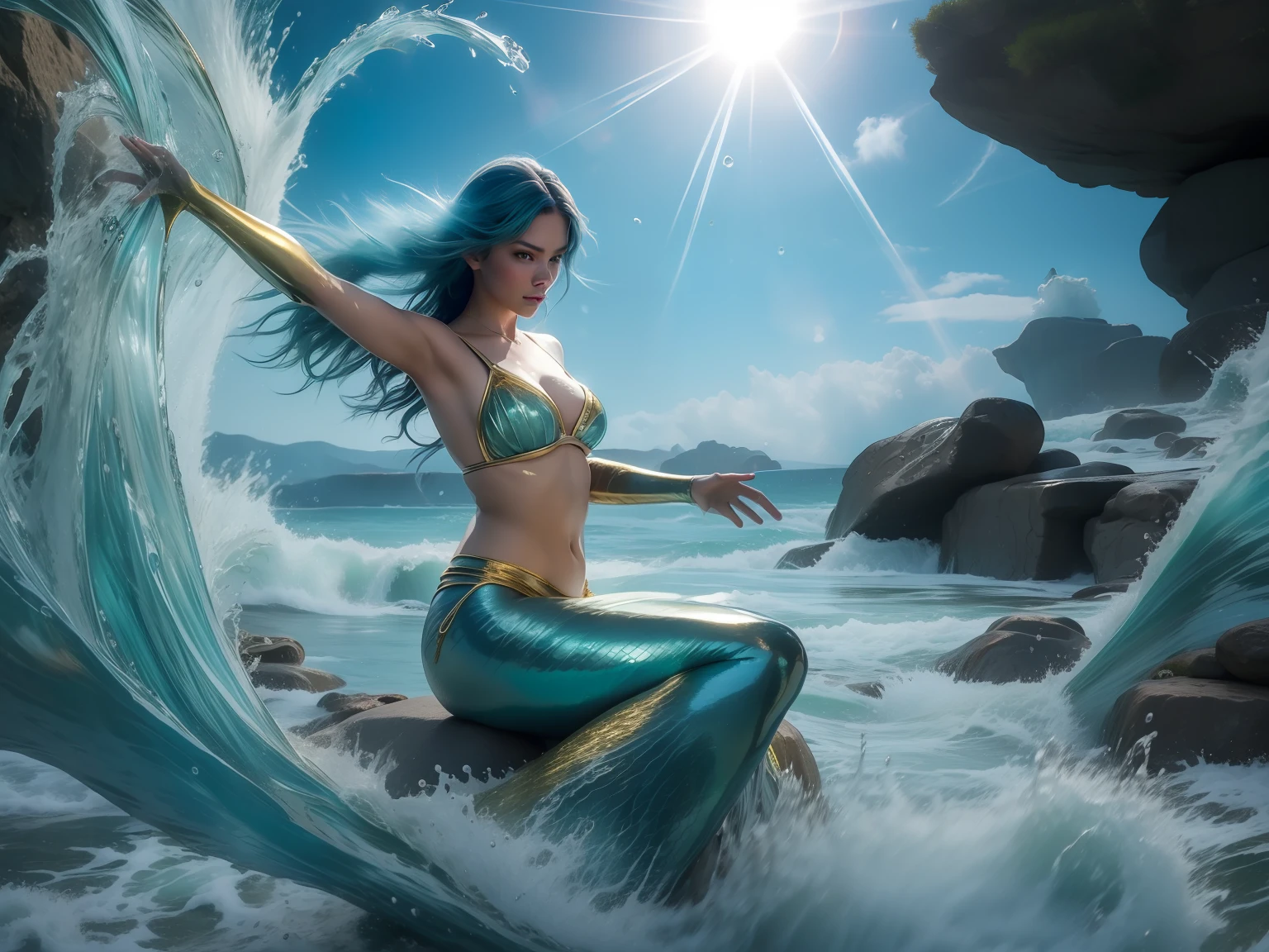 A beautiful mermaid on a rock in middle of rough waters unleash the power of water, she rise the hand creating an arch of whips of water, where the sunlight reflects. Mermaid with golden bikini top, golden cauda. Photography.