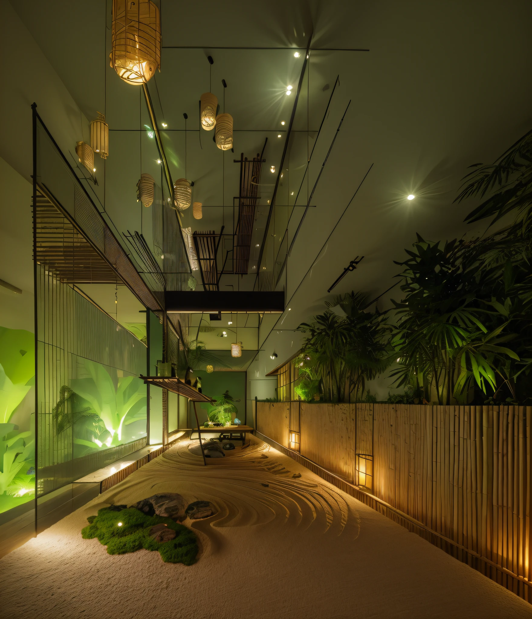 cave interior, a photo of indoor garden, tropical garden, (minimalism style), lighten wood, indoors, exterior, trees, green architecture, lantern light, sand, bamboo, forest, architecture visualization, photography, 8k, masterpiece, ultra quality, (Meditation), relaxing, night light, no human