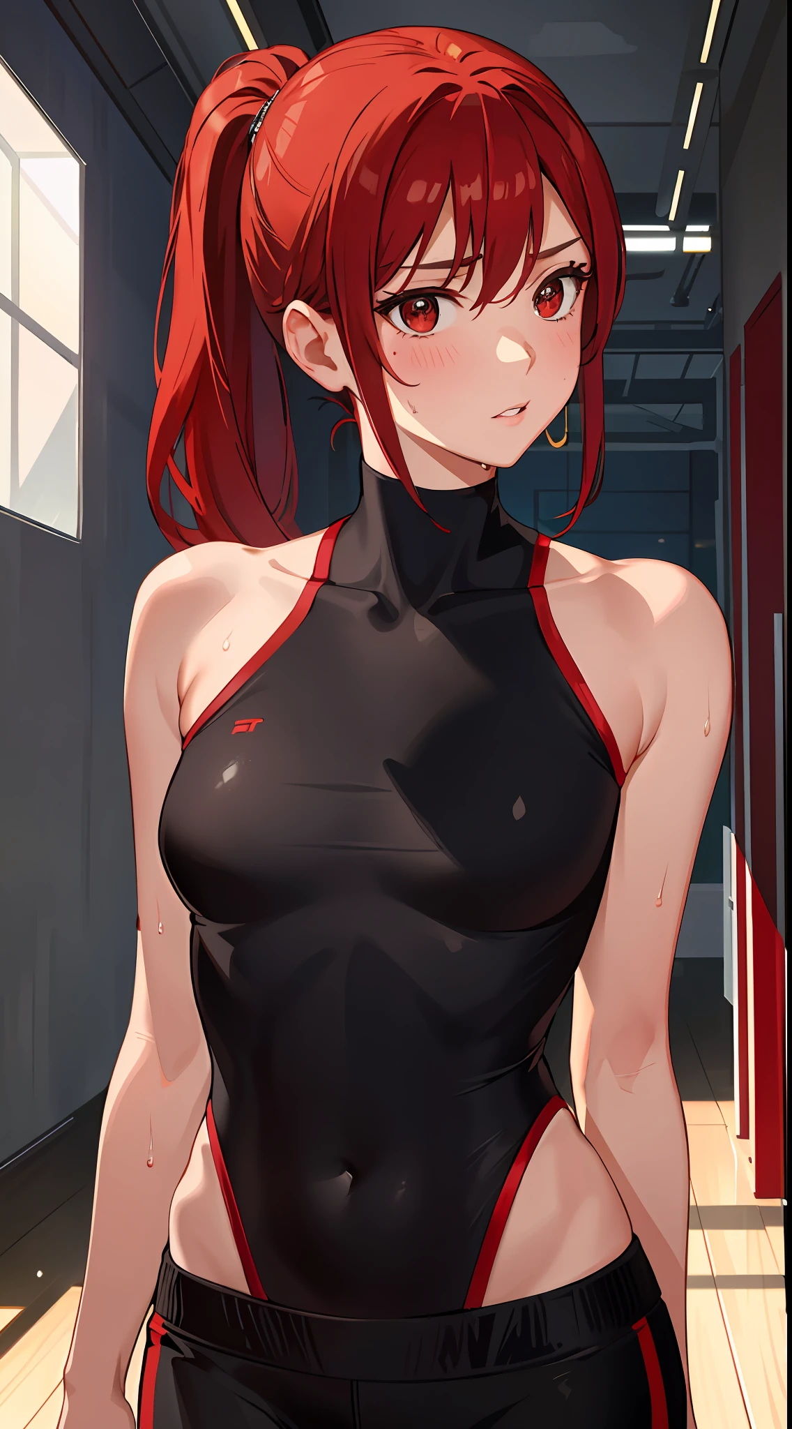 Masterpiece:1.2, Best quality), Bust photo，facial closeups，Short woman，above chest，sportrait，Overlooking，Realistic, (Real picture, Intricate details, Depth of field), (1girll, Solo), make up,Close-up close-up，10years old， parted lip, highly  detailed, Perfect face,Tiny breasts， (skin indentation), Small waist, Petite in stature,red hair, Red eyes, pony tails,gymnasium background，track pants, (full of sweat:1.2), (Wet), Sexy, Blushing,