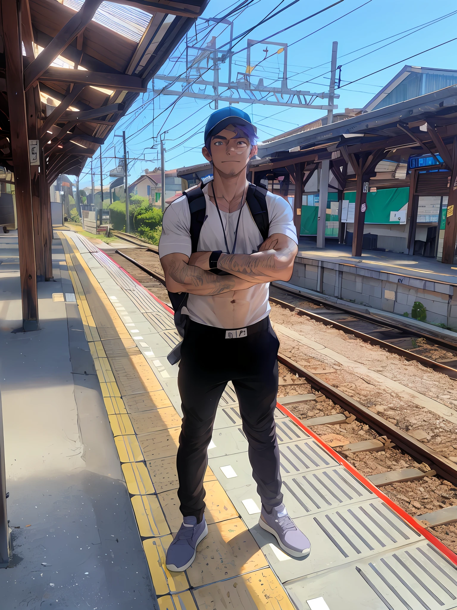 (masterpiece, best quality), 1boy, younge boy,Flat chin,is shy,ssmile,musculous, short blue-purple hair, Dark gray eyes, 复杂, (Baths), full bodyesbian,nakeness, White briefs,Pectoralis abdominal muscles,vivd colour,(depth of fields:1.2),(abs),Be red in the face,looking at viewert,A piano,spread their legs,neonlight,Colorful light effects,Fluorescent effects, wearing a cap.