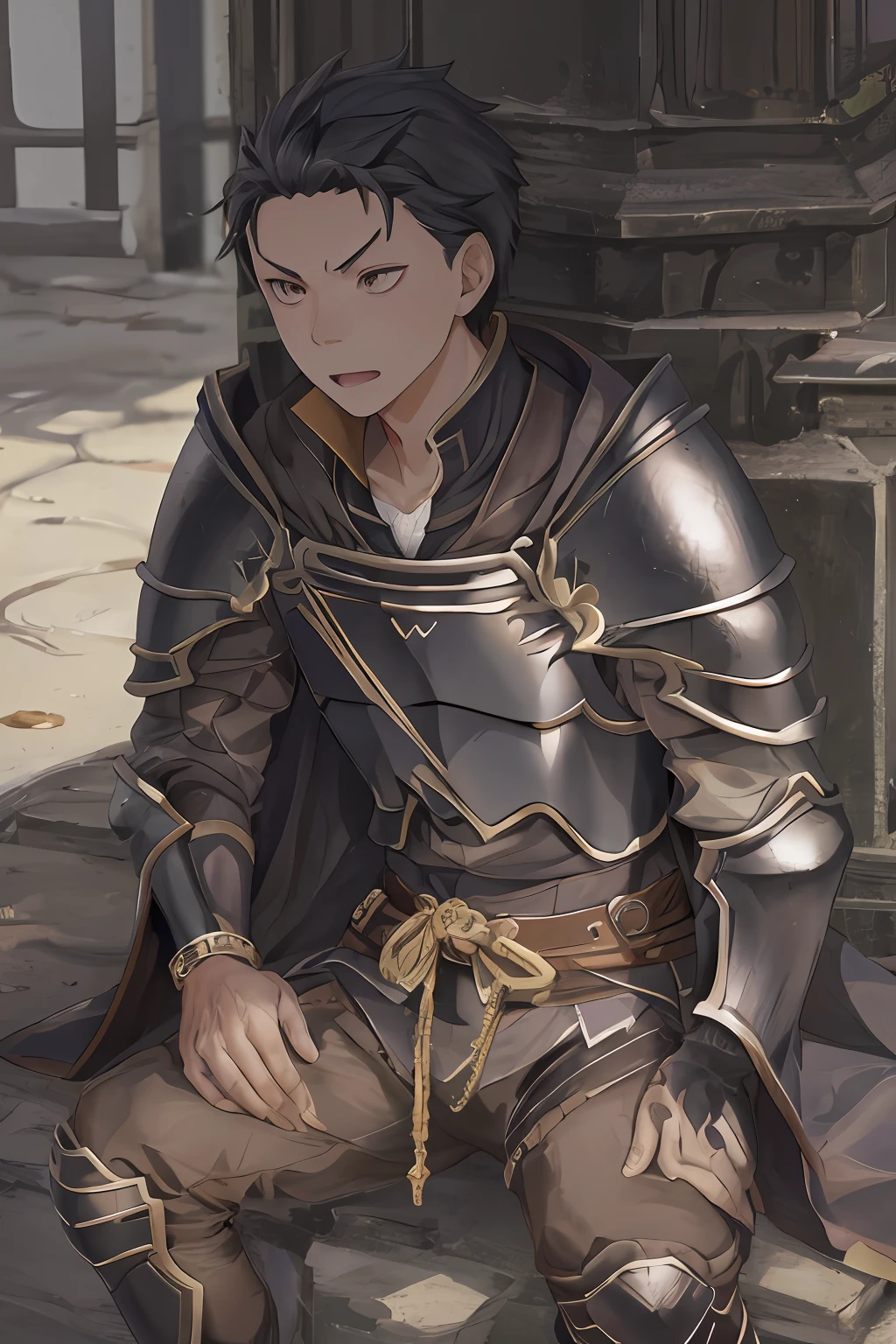 （1 Adult male），A high resolution， Sharp focus， Pixiv masterpiece， （（Complicated details））， highly  detailed， natsuki_subaru， 1 man， with her mouth open，drools，full bodyesbian， Black colored eyes（eyes glowing）， with short black hair，Armour，cloaks，Shoulder armor，perspire，look from down