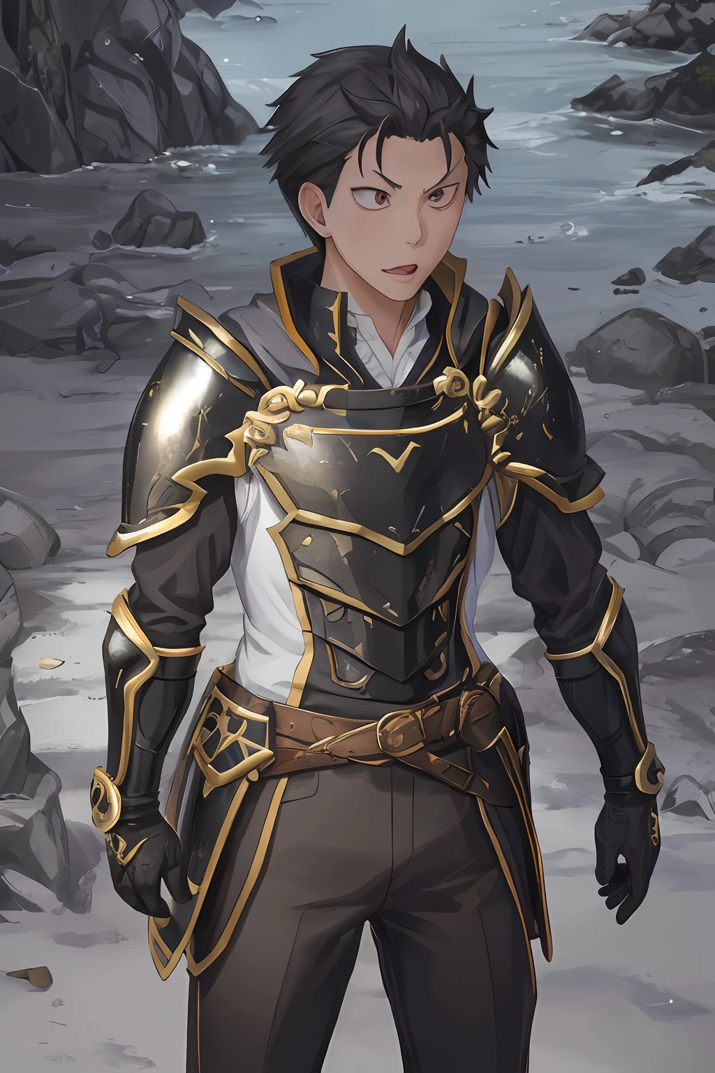 (1 Adult male),A high resolution, Sharp focus, Pixiv masterpiece, ((Complicated details)), highly detailed, natsuki_subaru, 1 man, with her mouth open,drools,full bodyesbian, Black colored eyes(eyes glowing), with short black hair,Armour,cloaks,Shoulder armor,perspire,look from down