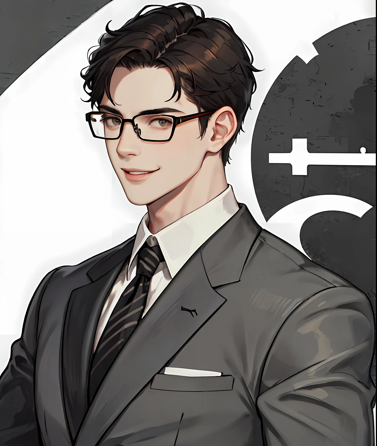 black-frame glasses,brunette color hair,london,Gangster style,Spectacled man,Gray and dark with a dotted background,Focus,Monochromatic,Opaque solo with glasses,Austere background,black-frame glasses,Smiling upper body,Short hair in gentleman's style。