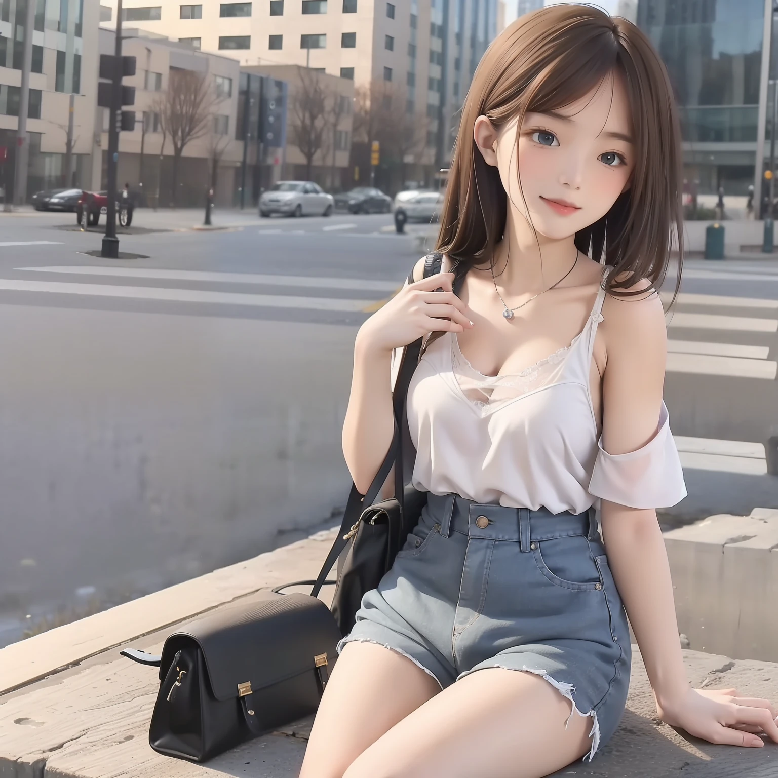 The Arapei woman sits on a stone bench with her purse, photo of slim girl model, 2263539546], sakimichan, reluvy5213, photo of slim girl, Open V chest clothes, trending at cgstation, big breasts beautiful，Ultra shorts