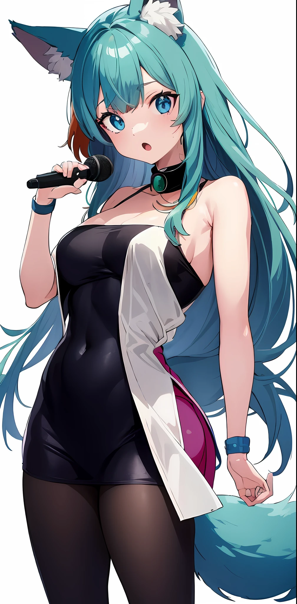 超A high resolution, nffsw, Best aesthetic, Best Quality, blue eyess, masutepiece,Jade hair color、Plain white background, furry anime,Foxbusi with microphone, Holo is a wolf girl, foxgirl,