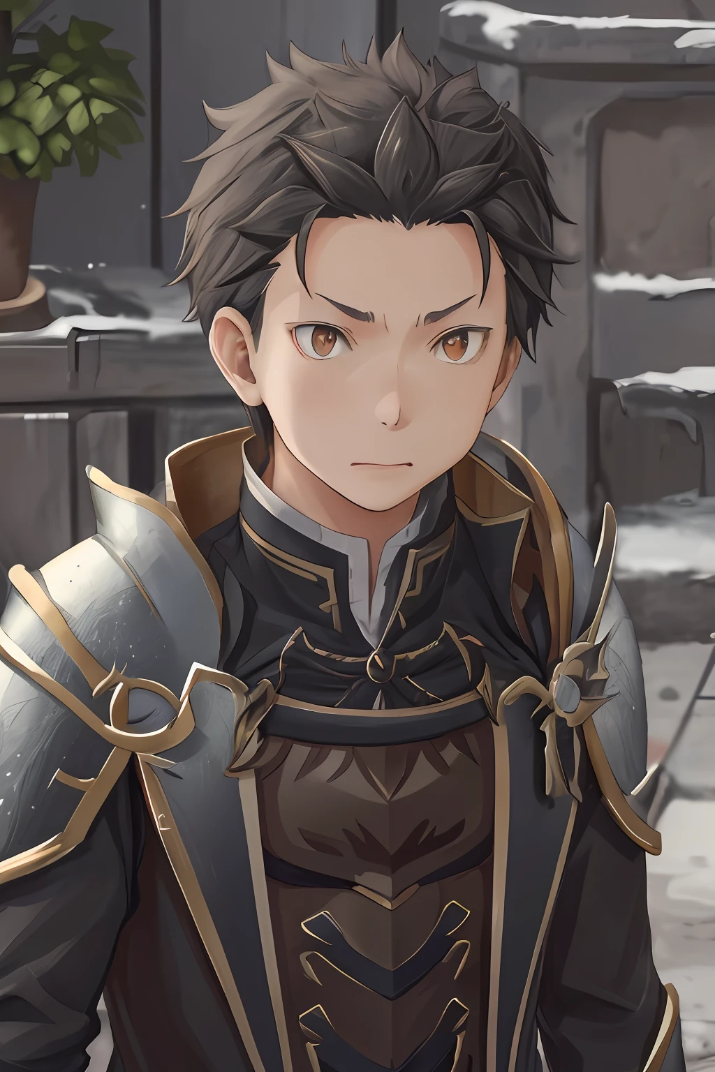 (1 Adult male),A high resolution, Sharp focus, Pixiv masterpiece, ((Complicated details)), highly detailed, natsuki_subaru, 1 man, with her mouth open,drools,full bodyesbian, Black colored eyes(eyes glowing), with short black hair,Armour,cloaks,Shoulder armor,perspire,look from down