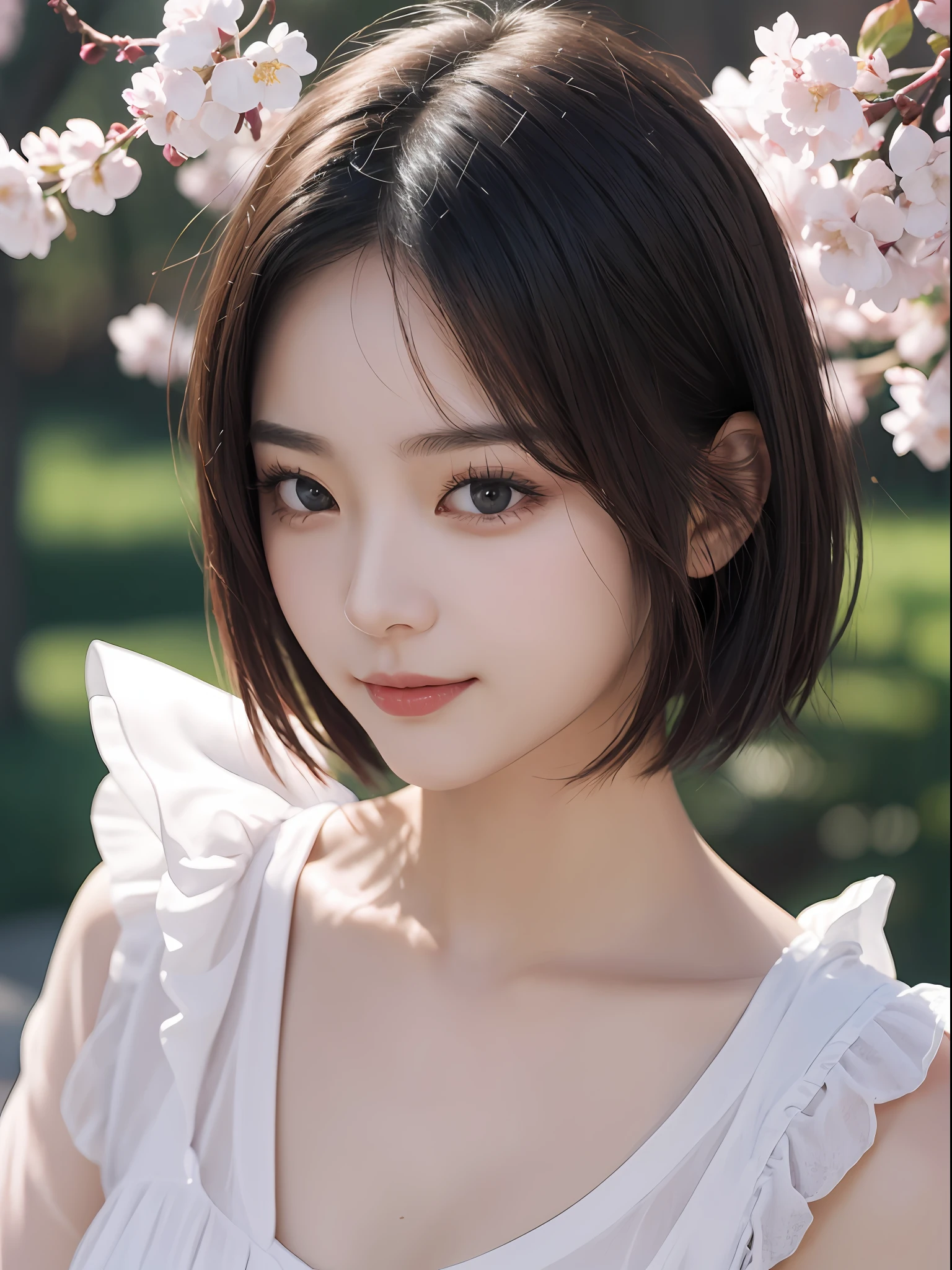 masterpiece、The highest image quality、hightquality、Beautuful Women、japanes、Popular Korean Makeup、detaileds、Swollen eyes、A detailed eye、Detailed skin、Beautiful skins、超A high resolution、(Realistis:1.4)、very extremely beautiful、Slightly younger face、Beautiful skins、thin-waist、(A hyper-realistic)、(illustratio)、(hight resolution)、(8K)、(ighly detailed)(The best illustrations)、(beautifully detailed eyes)、(ultra-detailliert)、(详细的脸)、looking at the viewers、fine detailed、 A detailed face、pureerosfaceace_v1、A smile、Looking straight ahead、photos realistic、Bright lighting、profetional lighting、Colorful Hair Color、(((very_Short_hair)))、Bright park、cherryblossom、The cherry blossom trees are in full bloom