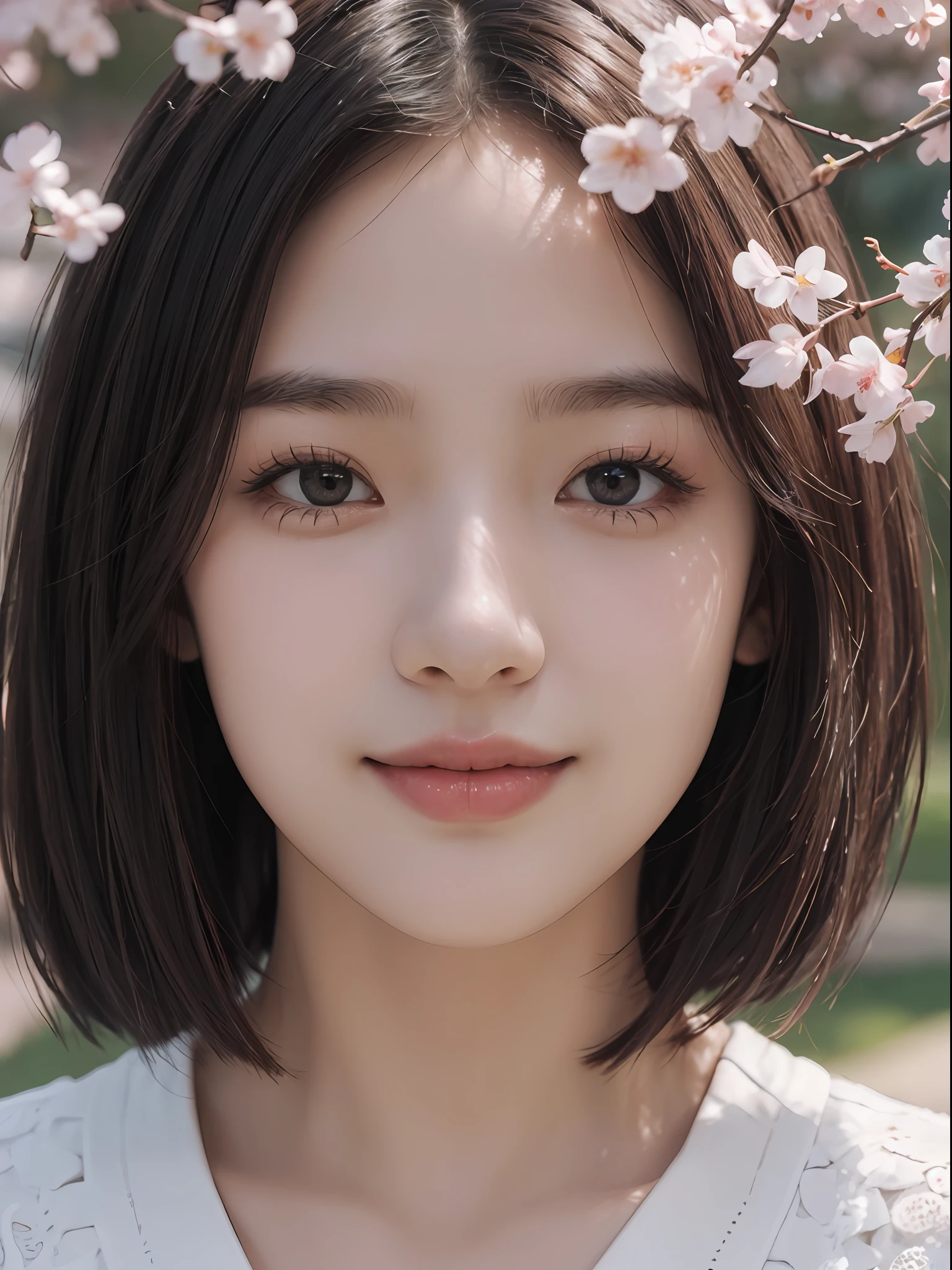 ​masterpiece、The highest image quality、hightquality、Beautuful Women、japanes、Popular Korean Makeup、detaileds、Swollen eyes、A detailed eye、Detailed skin、Beautiful skins、超A high resolution、(Realistis:1.4)、very extremely beautiful、Slightly younger face、Beautiful skins、thin-waist、(A hyper-realistic)、(illustratio)、(hight resolution)、(8K)、(ighly detailed)(The best illustrations)、(beautifully detailed eyes)、(ultra-detailliert)、(详细的脸)、looking at the viewers、fine detailed、 A detailed face、pureerosfaceace_v1、A smile、Looking straight ahead、photos realistic、Bright lighting、profetional lighting、Colorful Hair Color、(((very_Short_hair)))、Bright park、cherryblossom、The cherry blossom trees are in full bloom