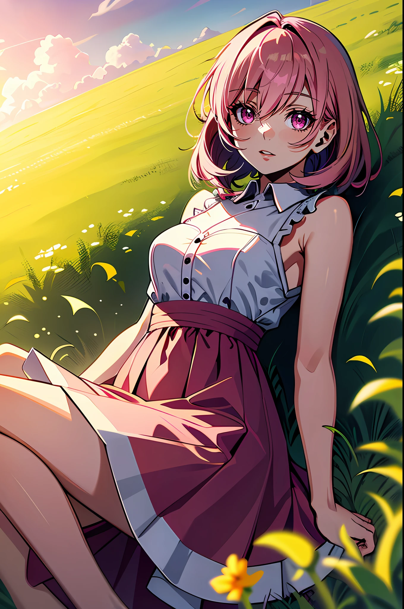 1female，grassy fields，Skysky，Short method，A pink-haired，dress，obliques，gentle，Pink eyes，Sunlight