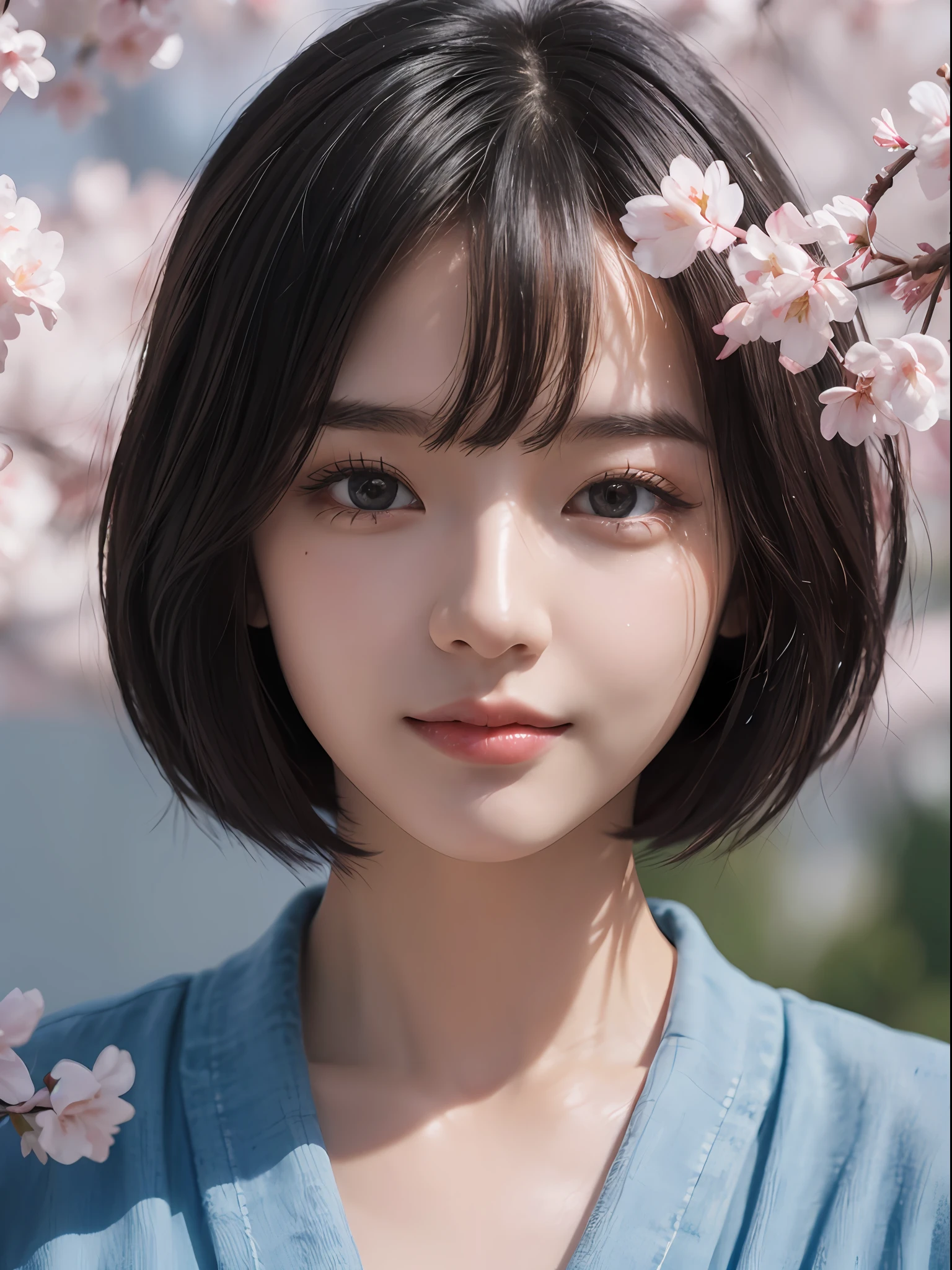 masterpiece、The highest image quality、hightquality、Beautuful Women、japanes、Popular Korean Makeup、detaileds、Swollen eyes、A detailed eye、Detailed skin、Beautiful skins、超A high resolution、(Realistis:1.4)、very extremely beautiful、Slightly younger face、Beautiful skins、thin-waist、(A hyper-realistic)、(illustratio)、(hight resolution)、(8K)、(ighly detailed)(The best illustrations)、(beautifully detailed eyes)、(ultra-detailliert)、(详细的脸)、looking at the viewers、fine detailed、 A detailed face、pureerosfaceace_v1、A smile、Looking straight ahead、photos realistic、Bright lighting、profetional lighting、Colorful Hair Color、(((very_Short_hair)))、Bright park、cherryblossom、The cherry blossom trees are in full bloom