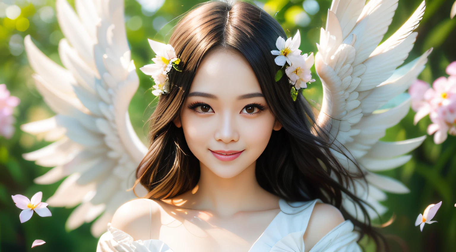 Beautiful angel woman、Beautiful white wings、Soaring petals、Hozue、look at a camera、kindly smile、A detailed face、Flat_Chest、Tiny_breasts、Looking at the camera、Detailed upper body concept