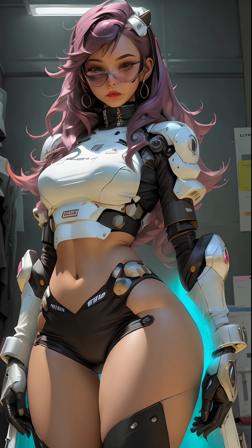 Woman body defined thick thighs cybernetic body parts, ropa interior corta, (((crear parte trasera de este personaje)))