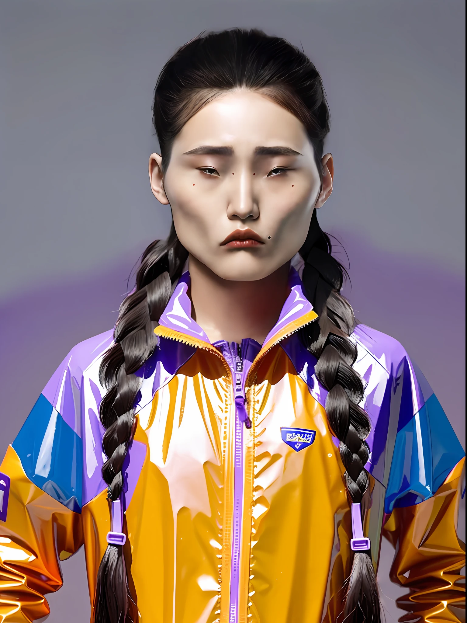 A Chinese high school girl，Wear a purple PVC sunscreen suit，Plump body shape，long braid