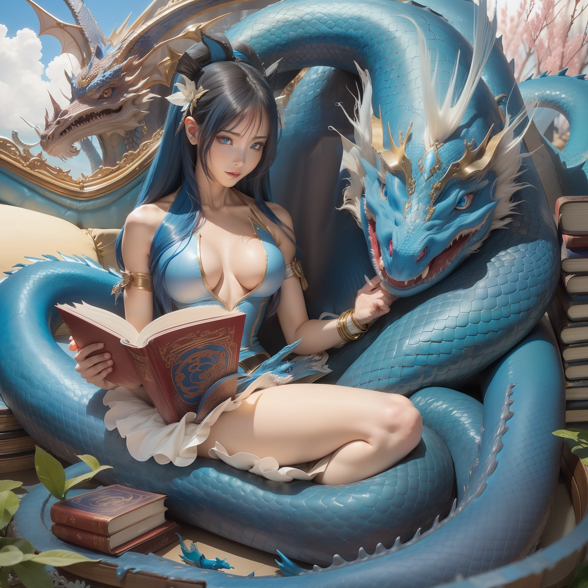 a girl with very long blue hair is sitting next to a blue sea dragon, reading a book, naked, big breasts, beautiful , blue eyes, fanciful, with a small dragon wrapped around her body, pearl dragon asia, god snake, sea, books everywhere, background with asian dragon, body tifa, face tifa