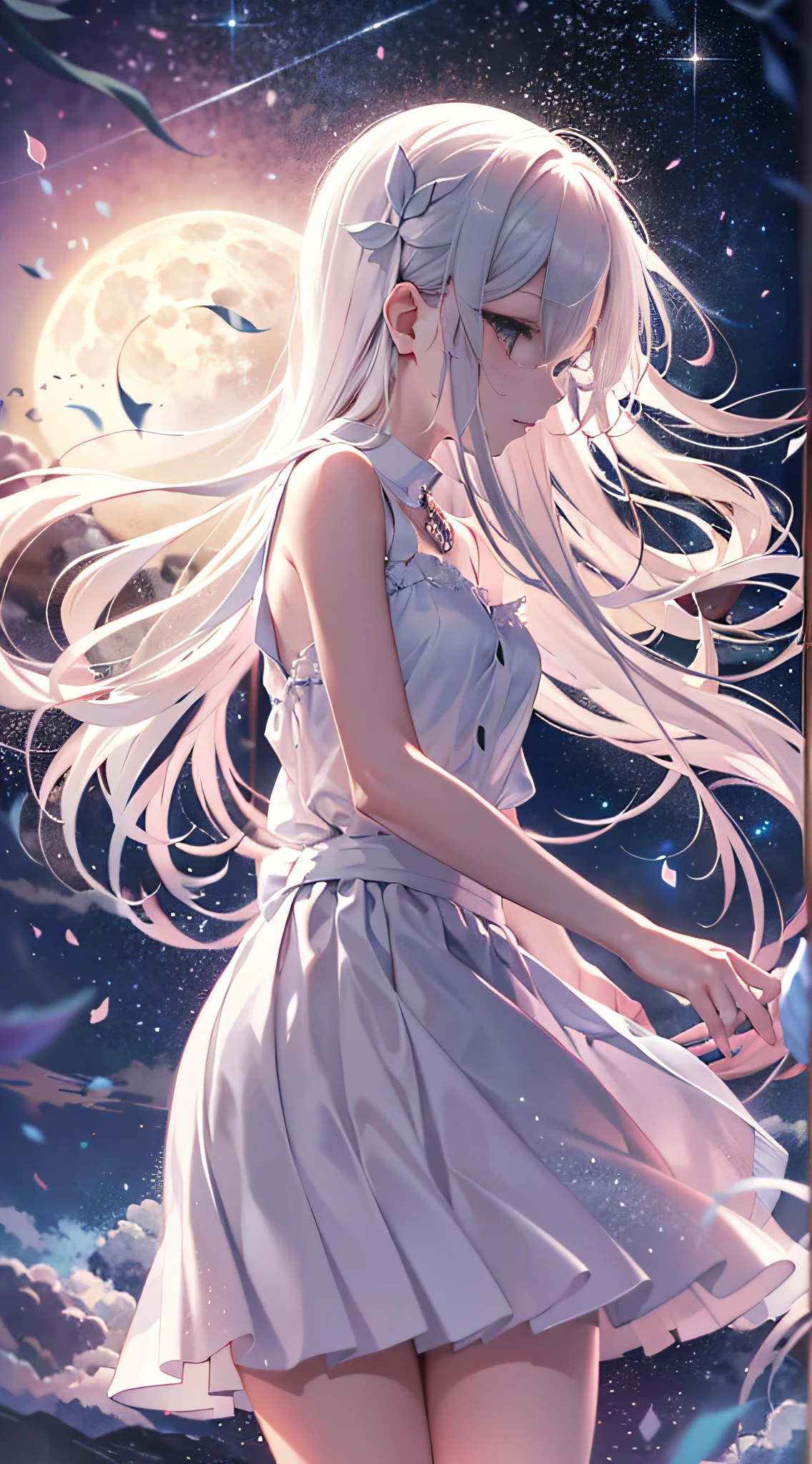 Anime girl in pure white dress standing in starry sky,She has long white hair,Black eyes,A white ribbon is tied around the waist,The hem of her skirt only reaches to the knee,No shoes and socks,bare-legged,nightcore,animemanga girl, beautiful fantasy anime, Anime style. 8K, Beautiful anime girl, Beautiful anime artwork, Beautiful anime art, Beautiful anime, hd anime wallaper, anime wallaper, Anime wallpaper 4K