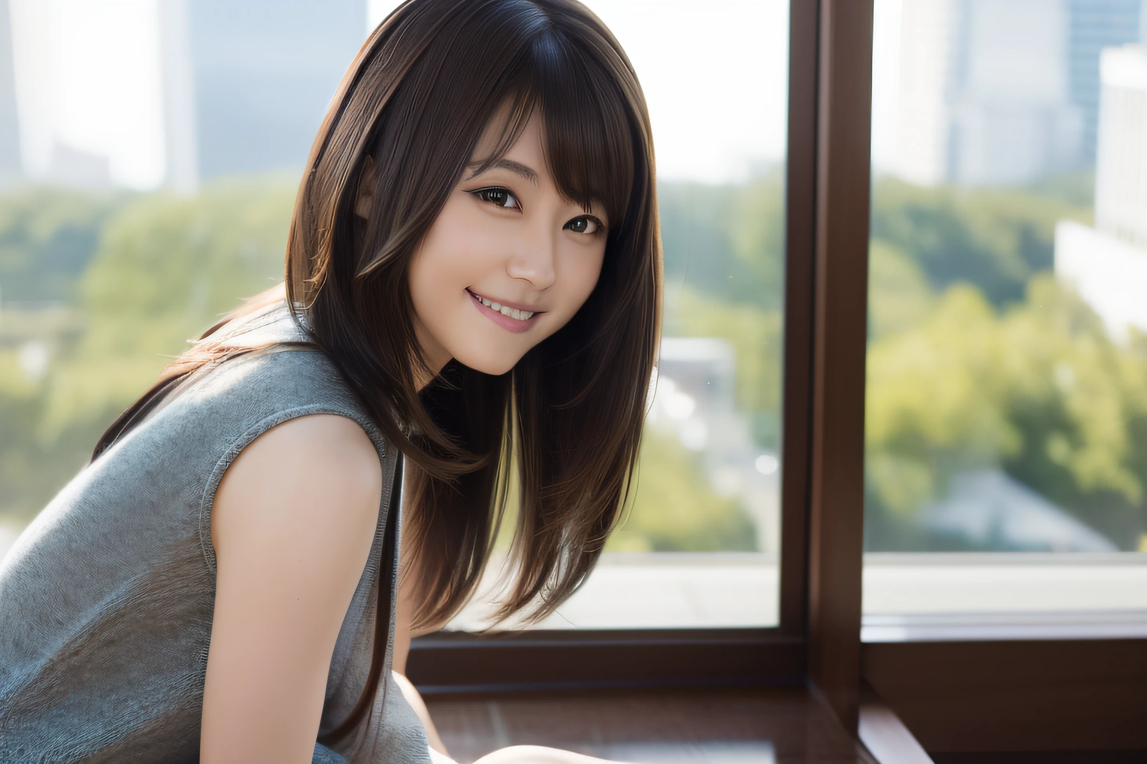 8K,Best Quality, 超A high resolution, (Photorealistic:1.4), Raw photo, (upper thigh, From Side:1.3), (Bokeh:1.4), (sit on a bench:0.8), (in a suite:1.6),window, 1日本人の女の子, Cute, (Solo:1.6), (Shy smile), (Brown eyes), Smooth skin, (Brown medium hair,Bangs), (touch hair:1.4),nogizaka,a park,Fashionable clothes