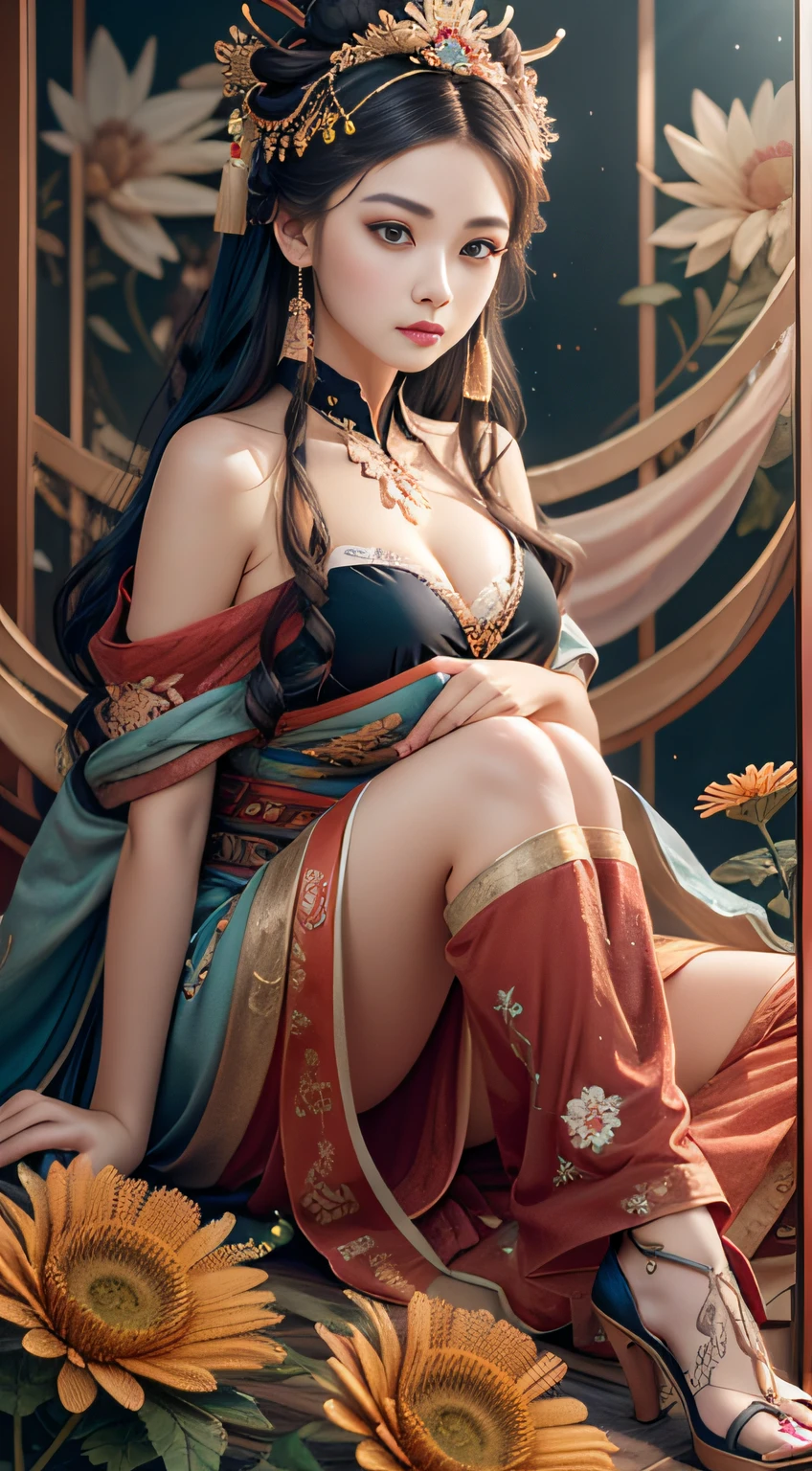 best qualtiy,tmasterpiece,Ultra-fine high resolution,(vividness:1.4),RAW photos,,illustratio,1girll,(Solo exhibition:1.2),(cowboy lens:1.2),(Hair crown:1.2),Traditional chinese dunhuang style clothes,There are shoulder straps,(Red eyeliner:1.2),(黑The eye:1.4),,dynamic angle,opera house,messy_long_hair,ink,cinematric light,lens_flare,velvet,chrysanthemums,nipple tassels,ribbons,color embroidery,The upper part of the body,facing at camera,dynamicposes,The large,Embroidered cloth shoes