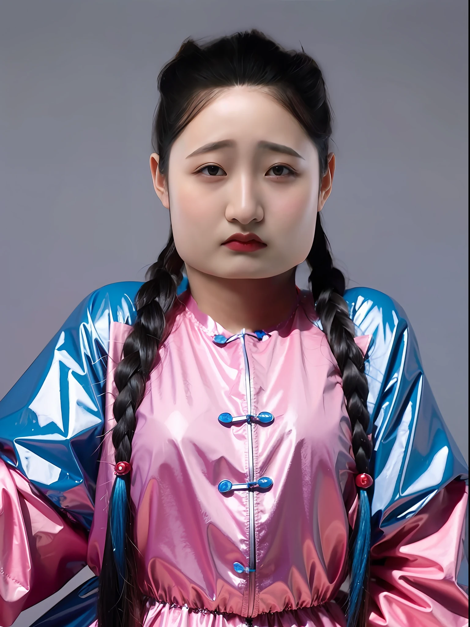 A Chinese high school girl，Wear a blue PVC pajamas，Plump body shape，long braid