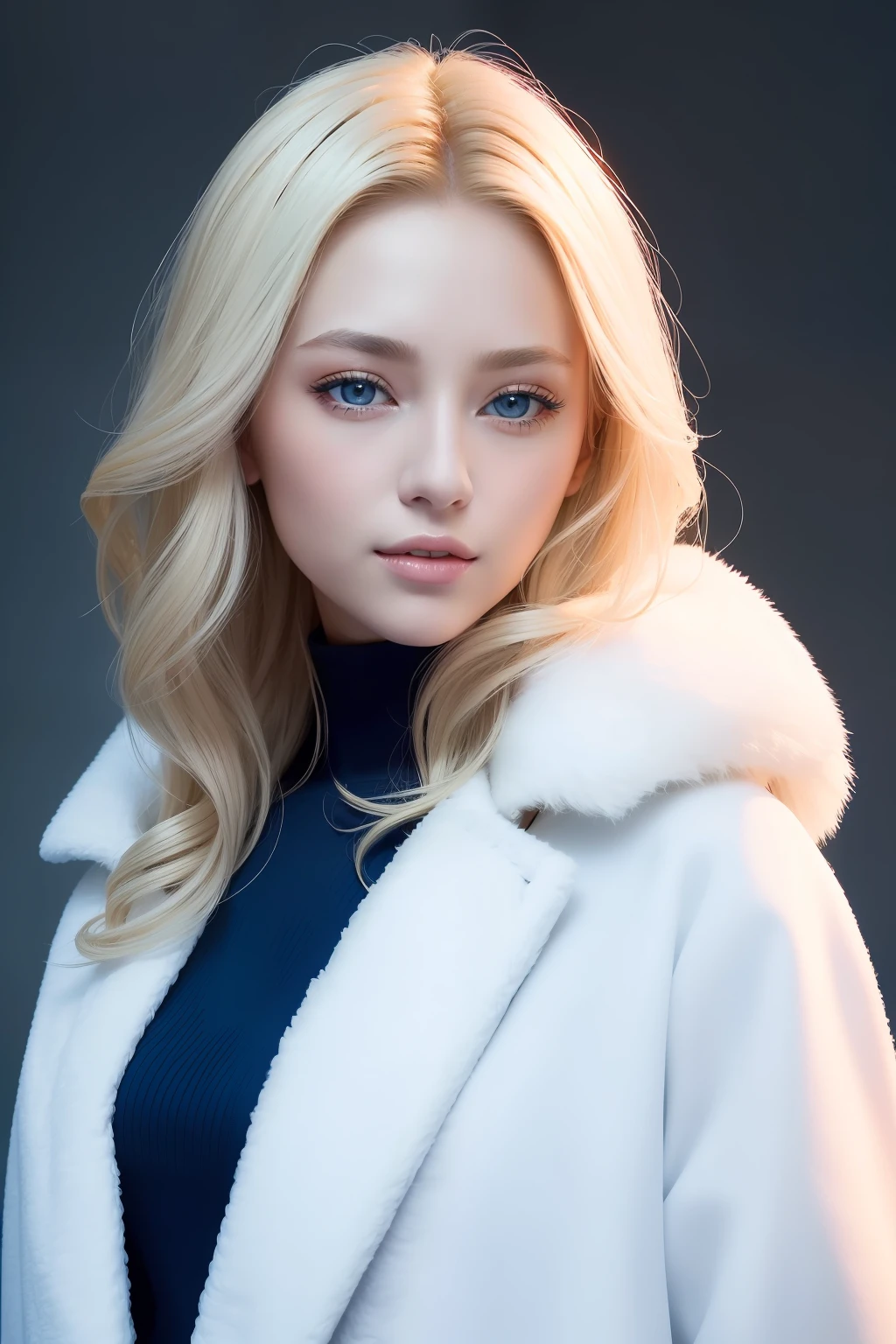 (masterpiece、top-quality、top-quality、Official art、Beautifully Aesthetic:1.2)Platinum blonde wavy long hair、blue eyess、adult lady、Enchanted smile、Woman in gorgeous white fur coat。