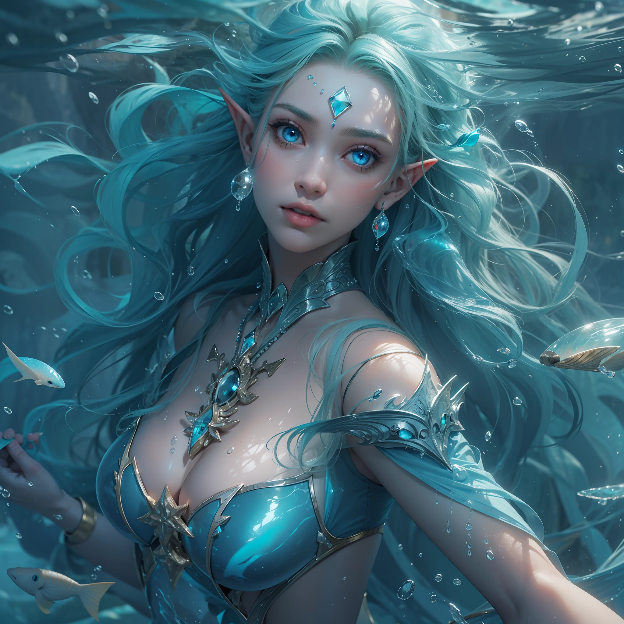 high details, best quality, 8k, [ultra detailed], masterpiece, best quality, (extremely detailed), dynamic angle, ultra wide shot, RAW, photorealistic, fantasy art, dnd art, rpg art, realistic art, an ultra wide picture of a sea elf (1.5 intricate details, Masterpiece, best quality) water mage casting ((water control spell)), water wizard ((water magic,intense magic details)), ((controling a swirling mass of water)), magical symbols, female sea elf, blue skin, green hair, long hair, swirling hair, intense eyes,small pointed ears, ((blue eyes)), ((glowing eyes)), armed with magical wand, wearing sea shell clothing, beautiful elf, underwater background, rich underwater life, ((magical atmosphere)), fish and sea weeds, high details, best quality, highres, ultra wide angle