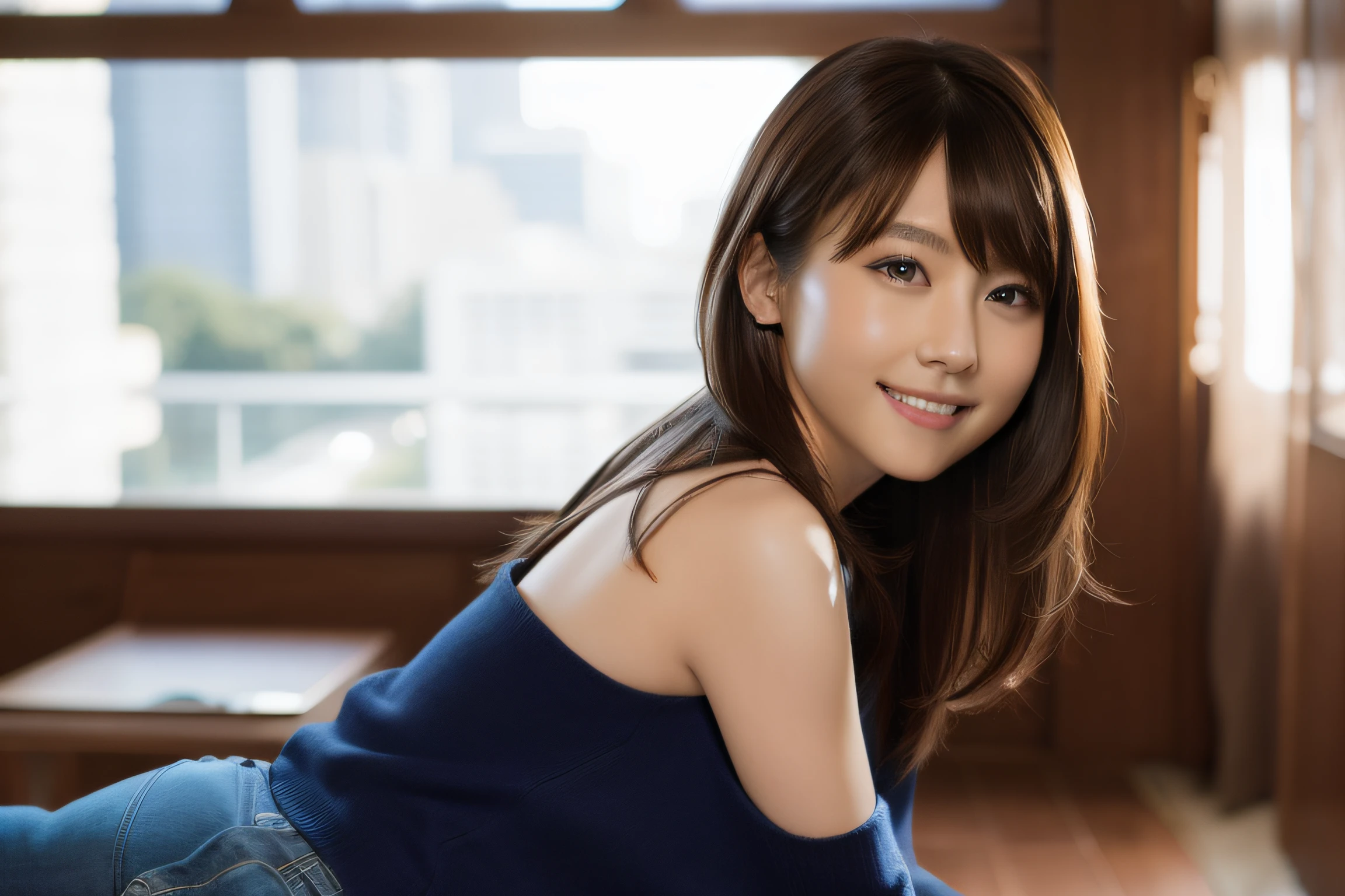 8K,Best Quality, 超A high resolution, (Photorealistic:1.4), Raw photo, (upper thigh, From Side:1.3), (Bokeh:1.4), (sit on a bench:0.8), (in a suite:1.6),window, 1日本人の女の子, Cute, (Solo:1.6), (Shy smile), (Brown eyes), Smooth skin, (Brown medium hair,Bangs), (touch hair:1.4),nogizaka,a park,Fashionable clothes