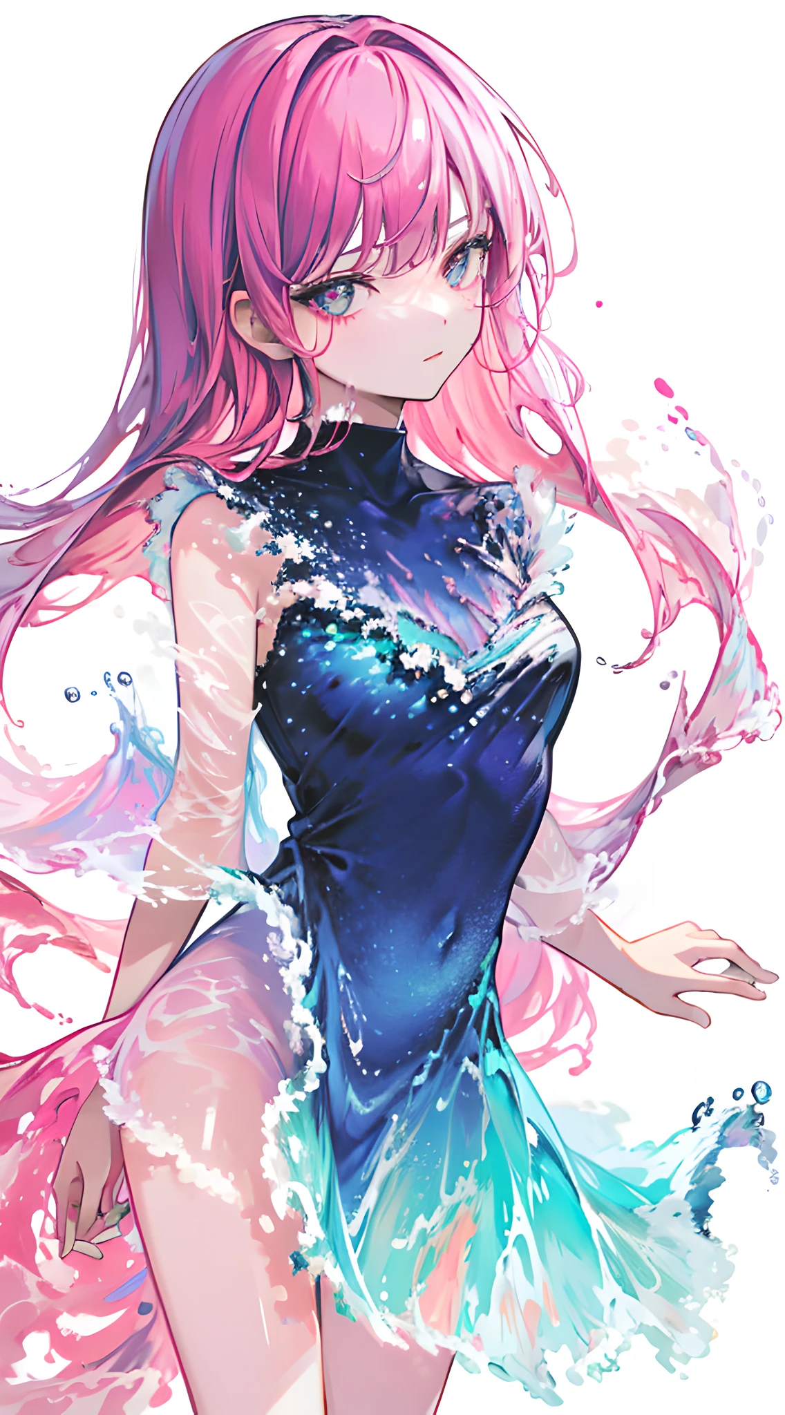 (masterpiece, best quality:1.2), 8k, 85mm, raw photo, absurdres, (liquid clothes, liquid dress, liquid hair:1.2), thin line, navy and pink theme, gradient hair, gradient dress, delicate girl, cowboy shot, shiny skin, teen, thighs, looking at viewer, HDR, sharp focus, highres, photography, realistic, particle, twilight sky, highest detailed, extreme detailed, ultra detailed, finely detail, detailed eyes and face, sharp pupils, realistic pupils, white background, simple background