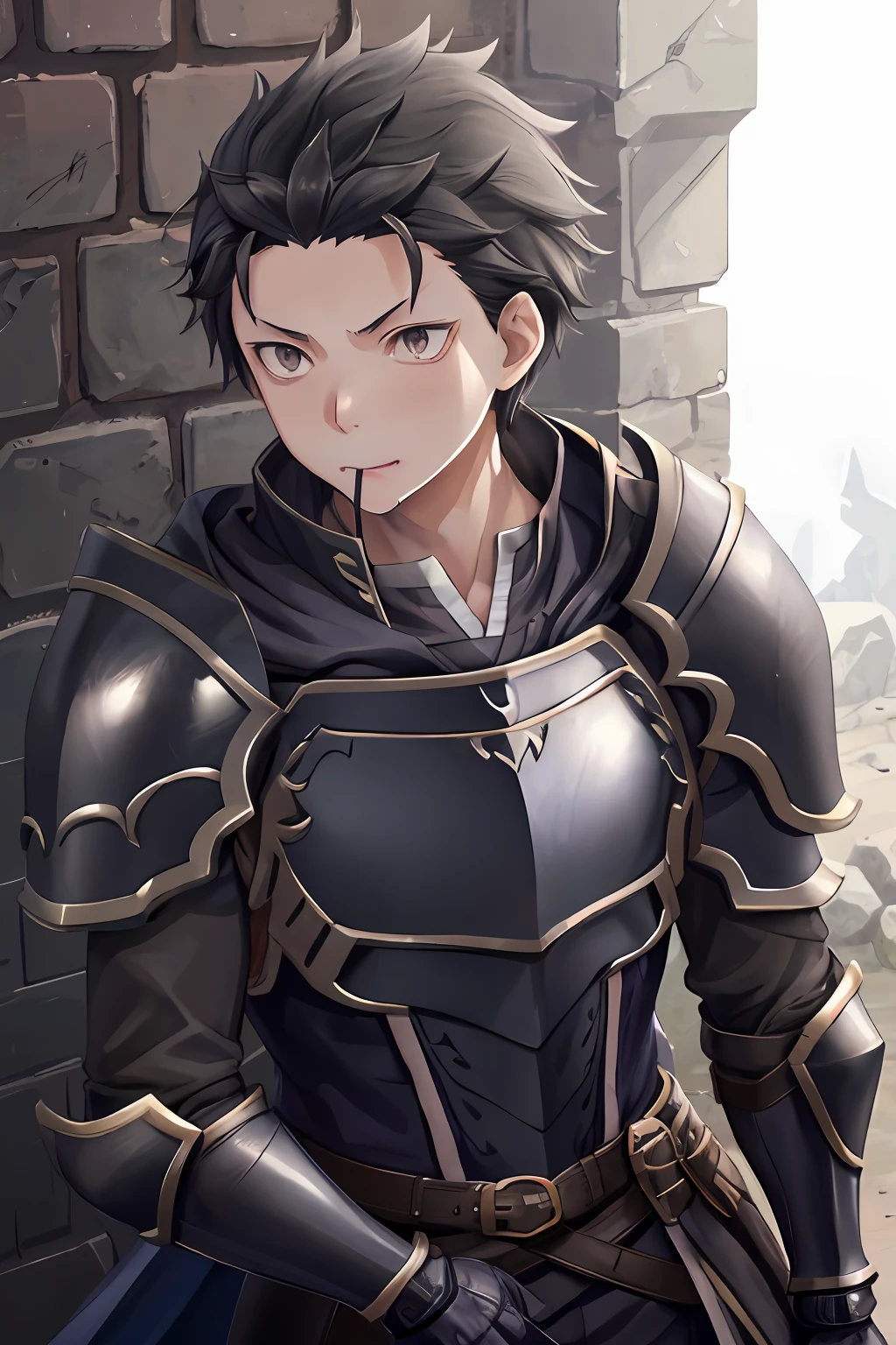 (1 Adult male),A high resolution, Sharp focus, Pixiv masterpiece, ((Complicated details)), highly detailed, natsuki_subaru, 1 man, with her mouth open,drools,full bodyesbian, Black colored eyes(eyes glowing), with short black hair,Armour,cloaks,Shoulder armor,perspire,look from down