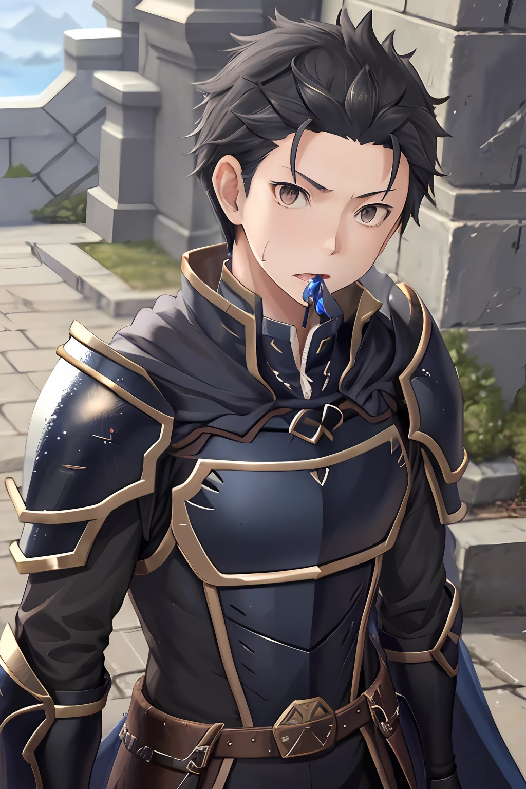 (1 Adult male),A high resolution, Sharp focus, Pixiv masterpiece, ((Complicated details)), highly detailed, natsuki_subaru, 1 man, with her mouth open,drools,full bodyesbian, Black colored eyes(eyes glowing), with short black hair,Armour,cloaks,Shoulder armor,perspire,look from down