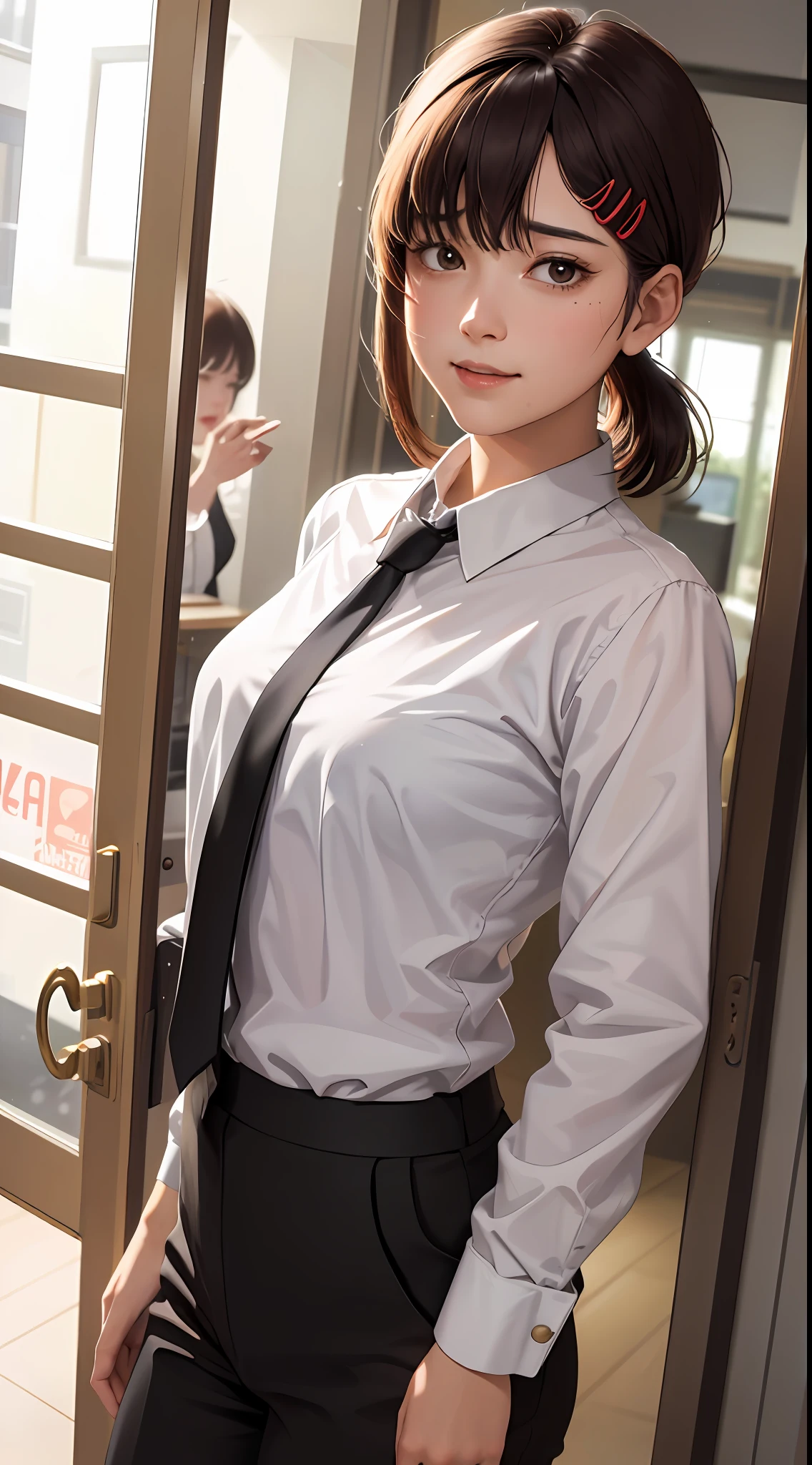 masterpiece, best quality, ultra-detailed, illustration, epic lighting, cinematic composition, isometric, 1girl, solo, cute, brown eyes, black hair, swept bangs, single sidelock, red hairclip, white collared shirt, black necktie, black pants, formal, enchanting gaze, captivating pose, indoors, office, door, opening door, looking at viewer, peeking out upper body, blush, seductive smile, closed mouth,(8k:1.1),