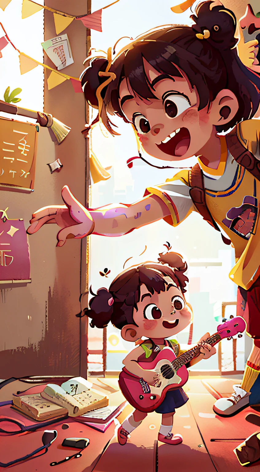 (sfv),Two little girls playing guitar,in a school,cheerfulness,With a smile,Guitar in hand,The background is Chinese style,Perfect quality,Clear focus,Extremely colorful,s the perfect face,Complicated details,ultra-low perspective,wide wide shot