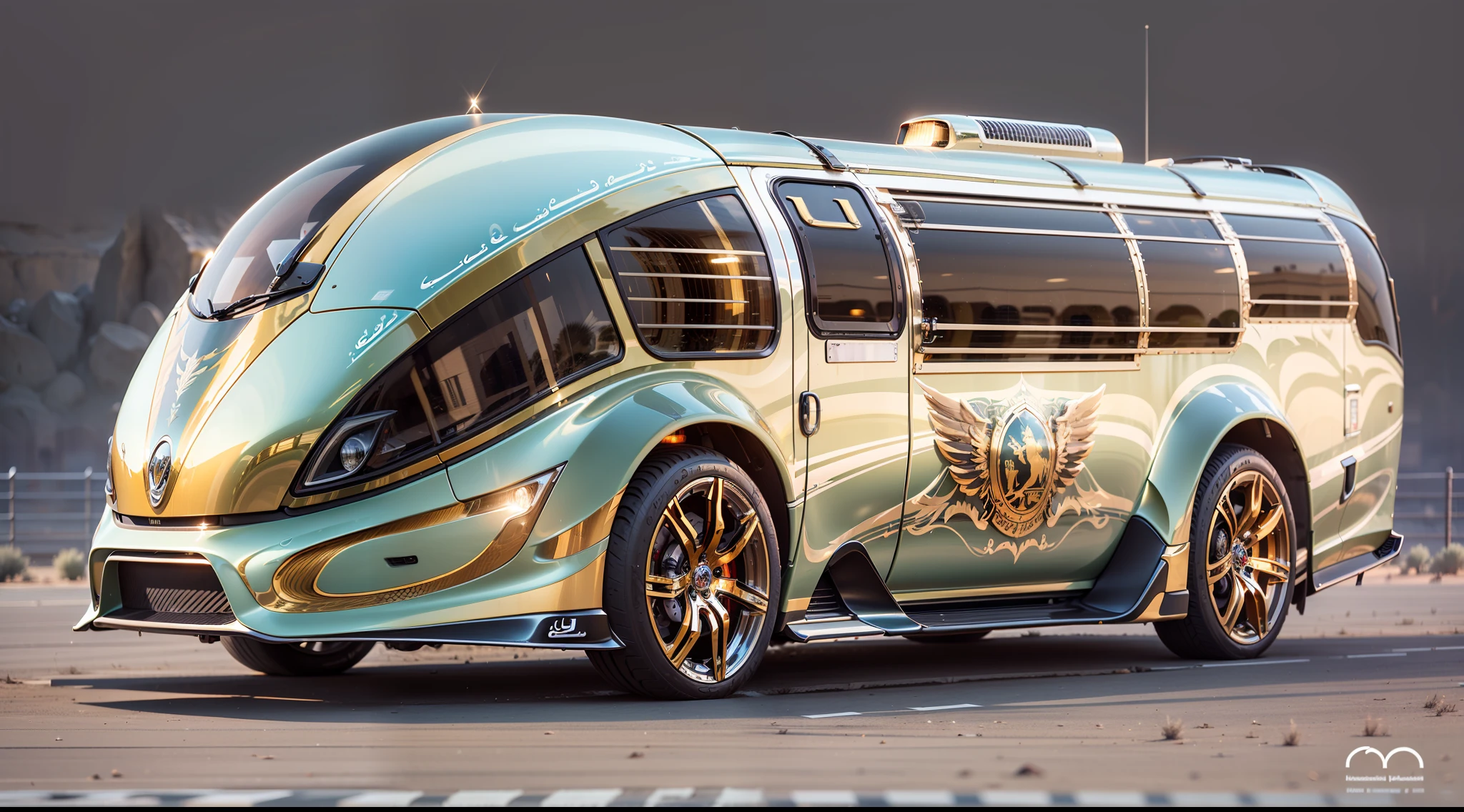 Arabian sci-fi luxury motorhome . A sci-fi fusion of Arabian luxury motorhomes,The entire body is covered with gold trim,inlaid gemstones,Arabic decorative motifs,A flat statue of a silver eagle adorns the front of the car,A large number of high-tech products,Streamlined,.The design is perfect, Combining high-tech and Arabian characteristics.The fuselage is streamlined, moving rapidly,The rear is slightly raised,Improve aerodynamic efficiency. . The body is dominated by gold, Bold, white and black. It may also have Arabic inscriptions on its body,More visible on the road。Under the light, It shows a more luxurious effect, Add a sense of technology to luxury motorhomes. . The background may be in the desert outside the future Arab megacities,Perfectcomposition,the detail,The light and shadow work best,HighestQuali,tmasterpiece