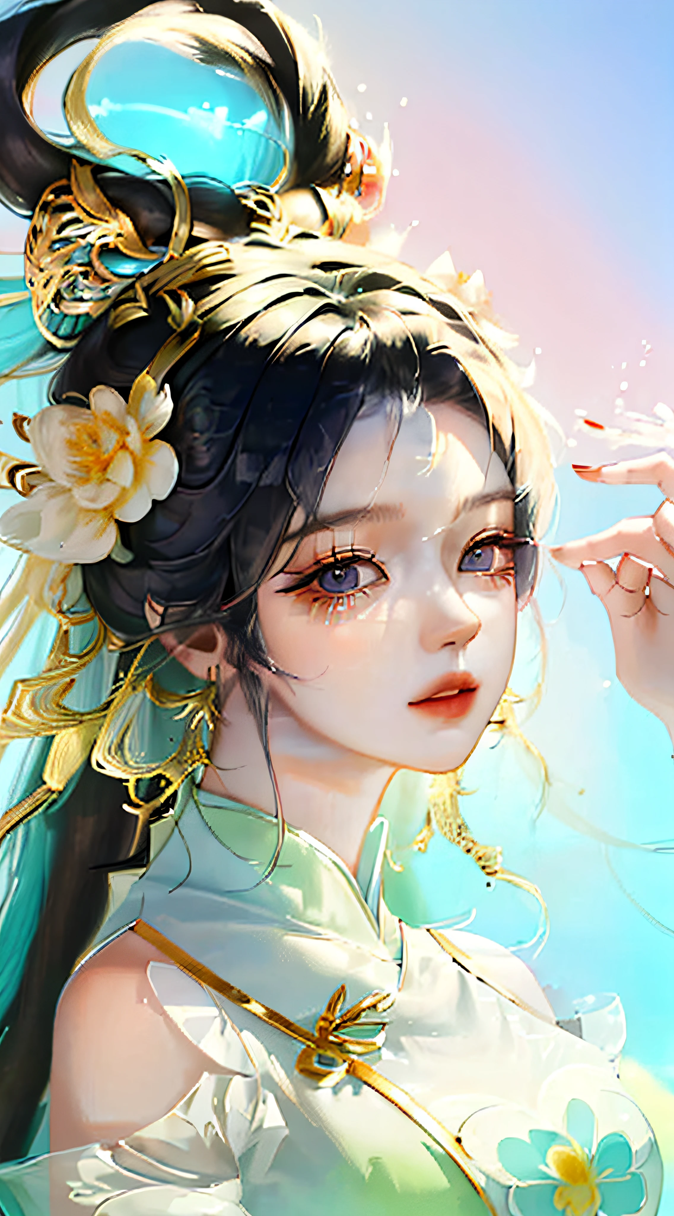 (masterpiece), (best quality), (ultra detailed),(disheed hair),(illustration), (1girl), (Fashionable clothing), standing, Fashion model, looking at viewer, (interview), (simple background),美丽细致的眼睛,Delicate beauty,afloat,(high saturated),(Colorful splashes),Colorful bubbles,(shine),Focus on the face,pony tails,Ayaka Kamisato,black color hair,By bangs,double bun hair,Hair rings,Floating flowers,floated hair,(shiny),best illuminate,best shadow,full bodyesbian,Faraway view