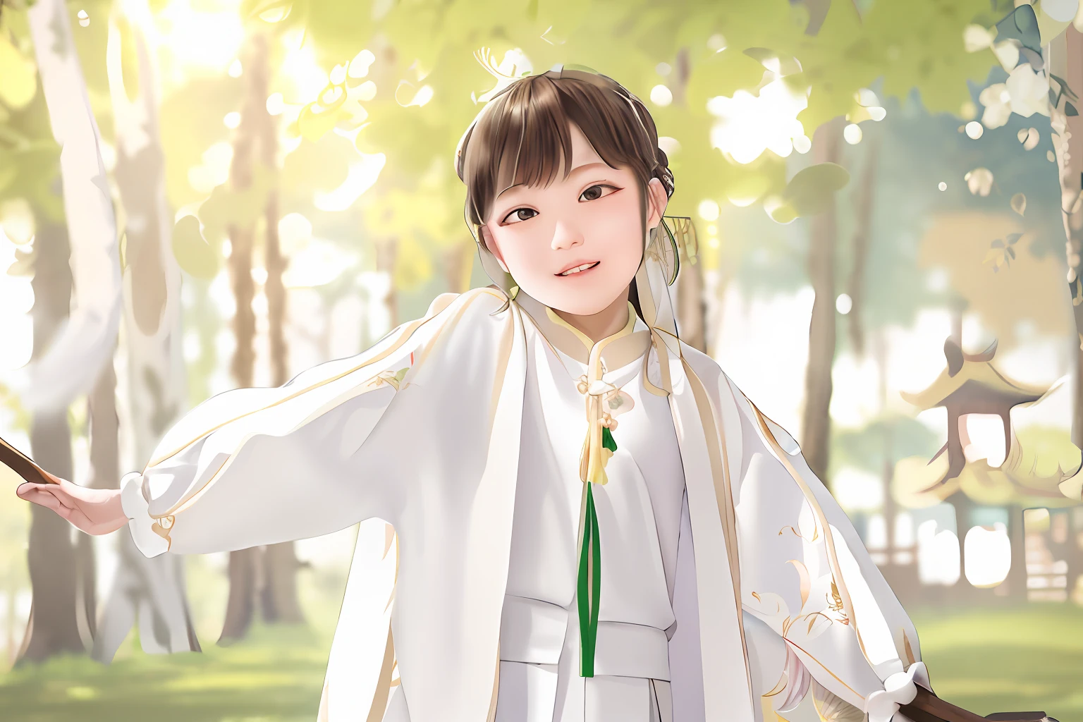 A young girl stood in the woods，arms out, with acient chinese clothes, Palace ， A girl in Hanfu, traditional tai costume, Wearing ancient Chinese clothes, White Hanfu, Traditional Chinese clothing, Chinese costume, tai costume, Cream peasant shirt, Young Asian girl, Hanfu, Chinese girl, Traditional clothing, dressed with long fluent clothes