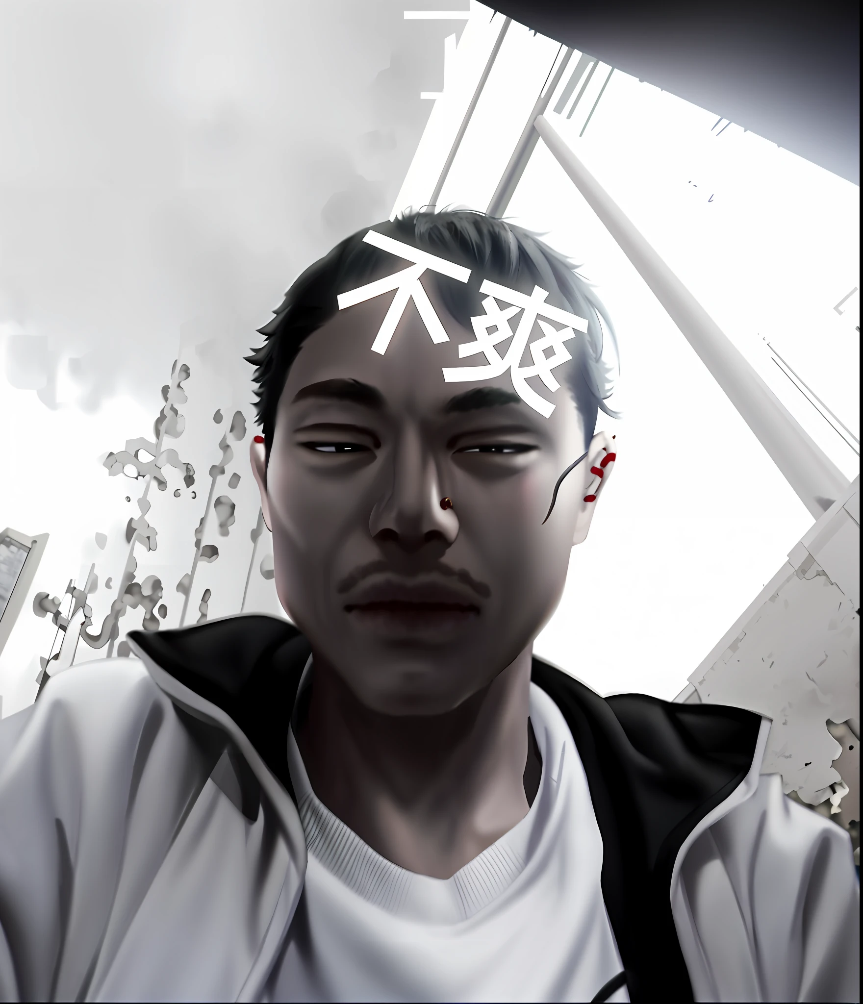 There was a man wearing a nose ring,The word Chinese is written on the nose ring, Middle metaverse, inspired by Ye Xin, inspired by Yao Tingmei, xintong chen, low quality photo, Li Zixin, inspired by Chen Daofu, inspired by Ding Yunpeng, Inspired by Zou Yigui, wenjun lin