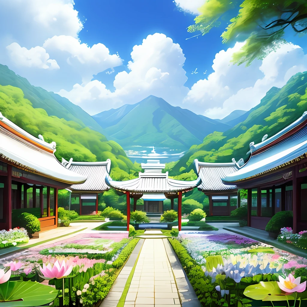 with a realistic、Be authentic、beautifly、amazing landscape、with blue sky and white clouds、flower、Chii、the woods 、mont、The lotus flowers,garden,vila,city,region,golden palace