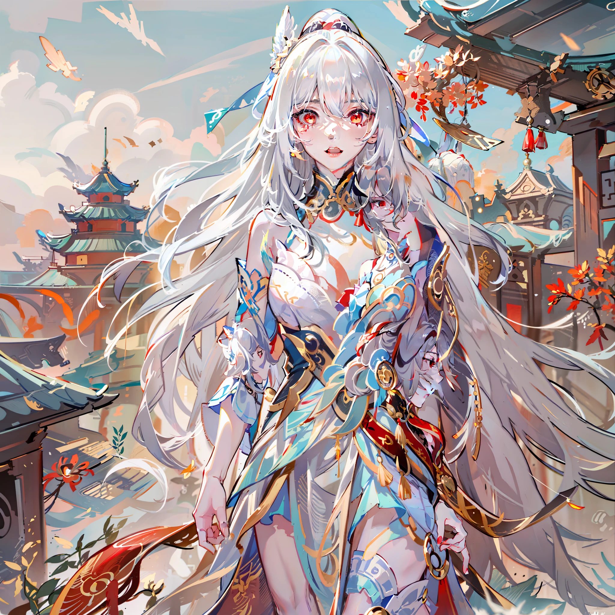 jingliuV4,Unbeatable masterpiece, extraordinary, Incredible, Exquisite, Perfect artwork, perfect women figure, Perfect anatomy, Unique, red color eyes,long white hair,arm behind back,China-style,small town
