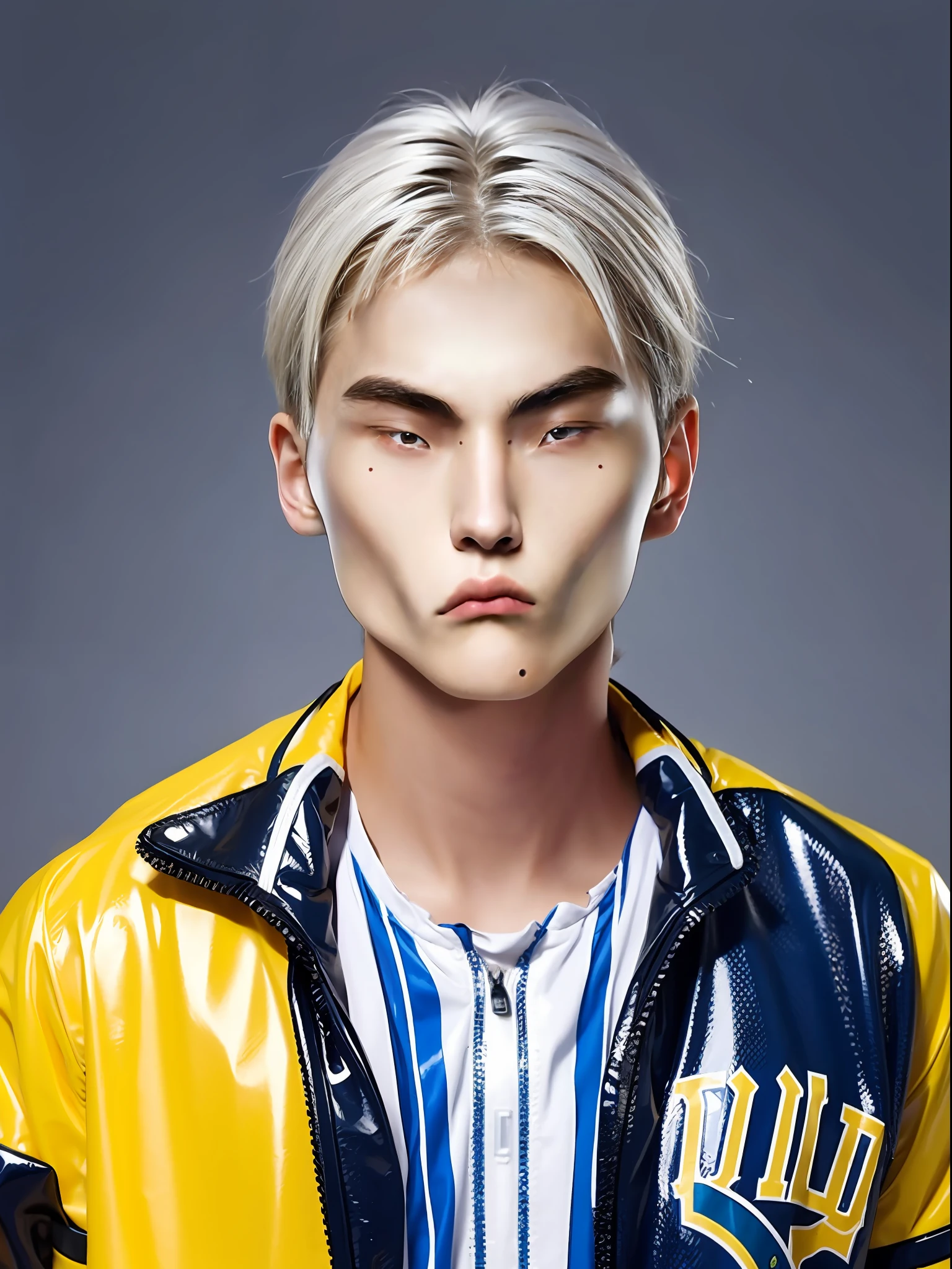 A 16-year-old male high school student,Wearing a PVC yellow baseball jersey,White hair is slightly dyed