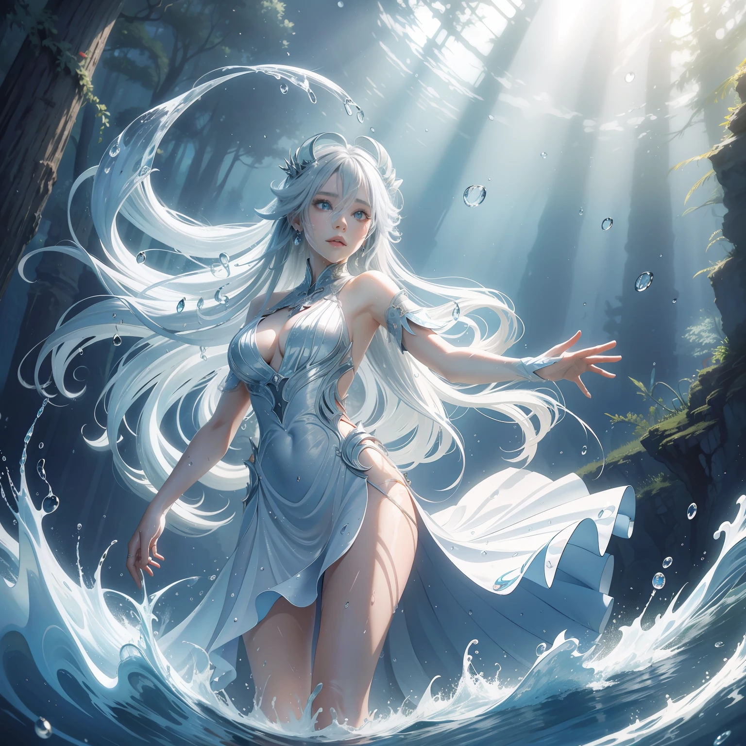 fish eye, Masterpiece, Top quality, Best quality, offcial art, Beautiful and aesthetic，A detailed，8K image quality water, (Flowing water),flowing water droplets,(splashing water drops),Water magic,Water Magic Practice, 1girll, Long hair, Water surrounds the girl's body, White gold and light blue trimmed dress，Sexy high heels，Slim body，long  white hair, Beautiful face, Hand up, Fighting stance，friction ridge，High value，rays of sunshine