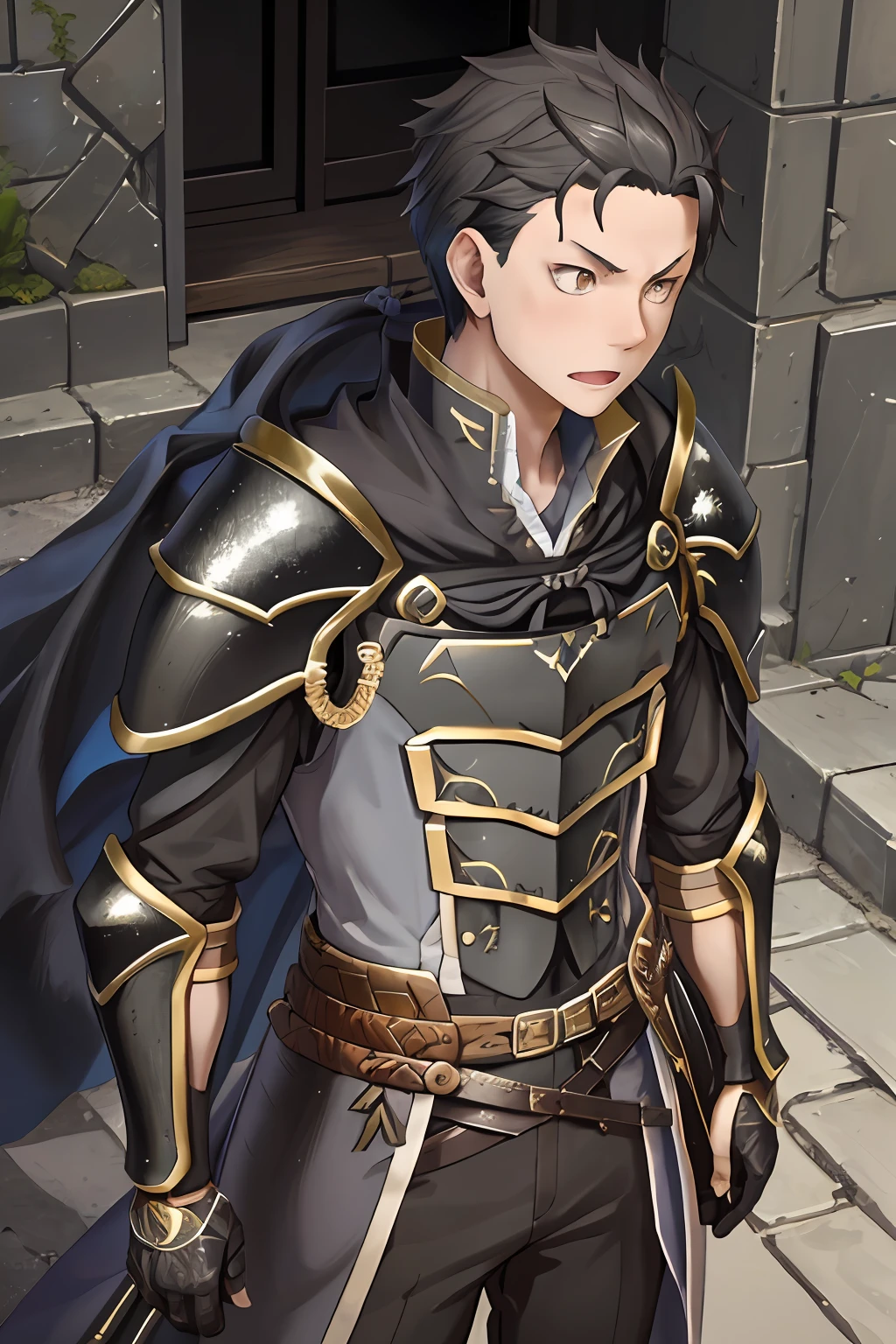 (1 Adult male),A high resolution, Sharp focus, Pixiv masterpiece, ((Complicated details)), highly detailed, natsuki_subaru, 1 man, with her mouth open,full bodyesbian, Black colored eyes(eyes glowing), with short black hair,Armour,cloaks,Shoulder armor,perspire,look from down
