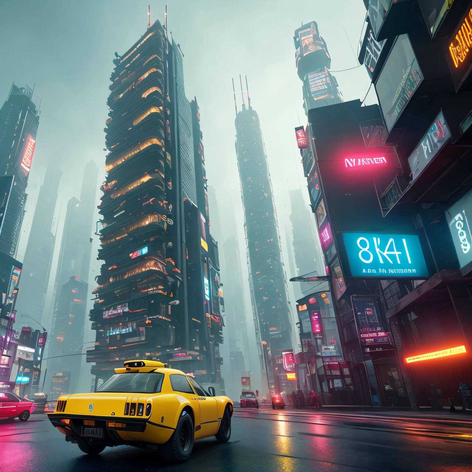 flying car、city of the future、Many skyscrapers、bru、pylons、Blade Runner Style、hyper realstic、octane renderings、realisitic、cinematic、8K、very intricate、80shair、natta、Yellow and red neon、futuristic cities、collapse
